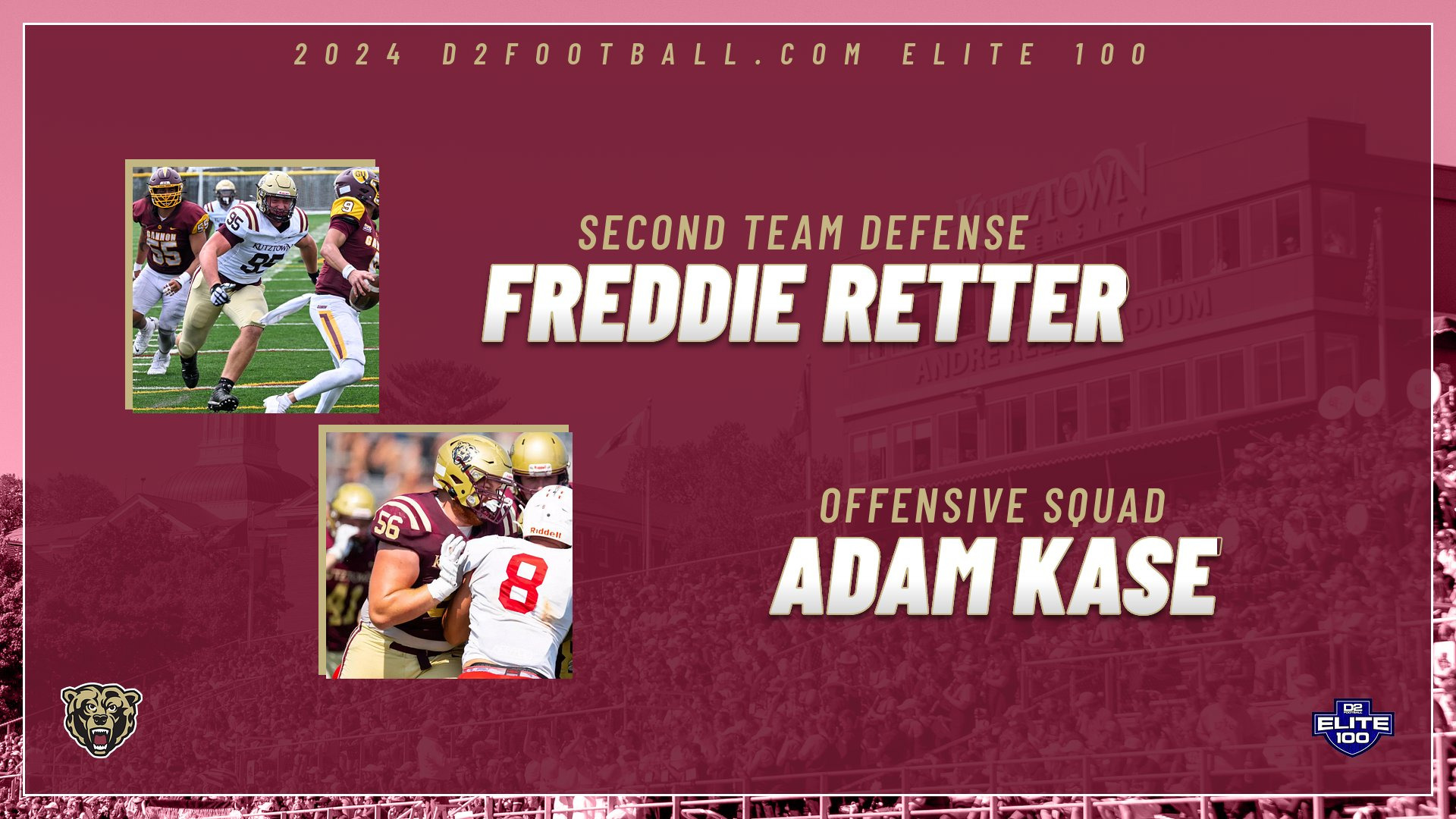 Graphic recognizing Kutztown University football's D2Football.com Elite 100 honorees Freddie Retter and Adam Kase.