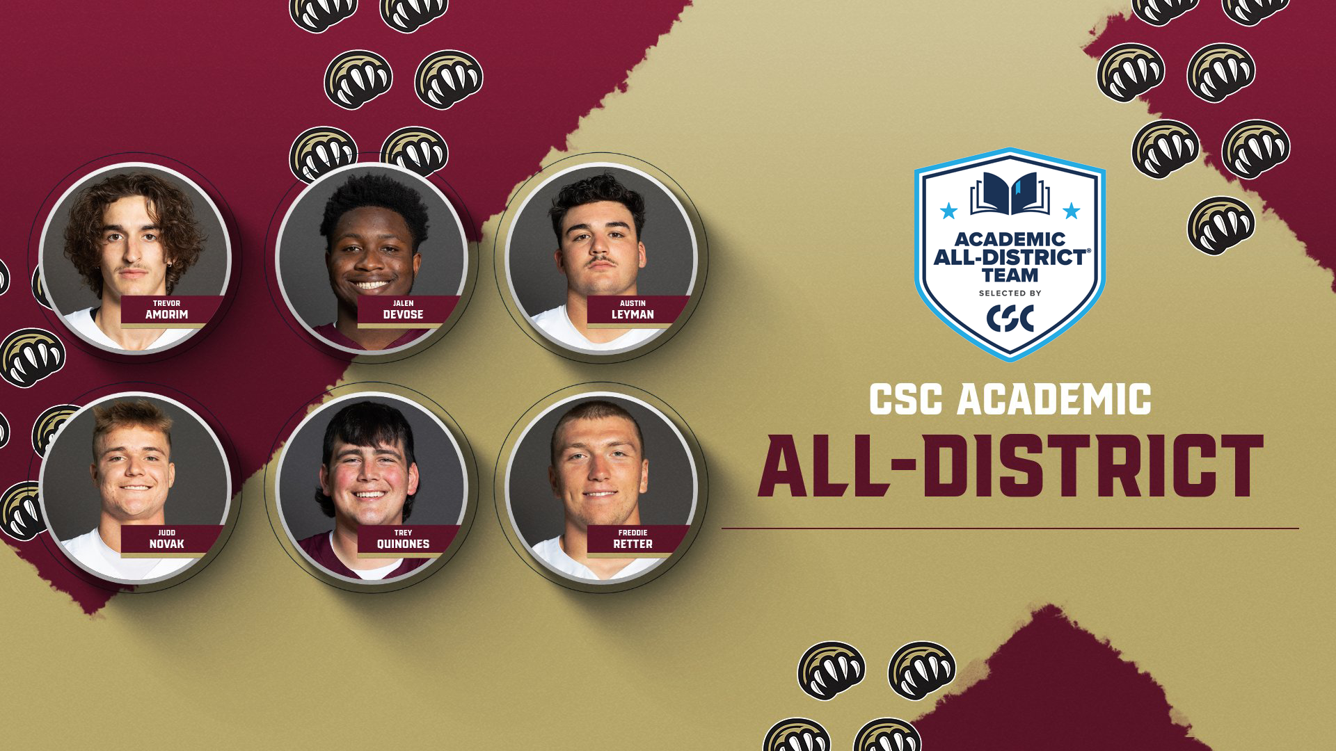 Graphic recognizing Kutztown University's selections to the 2024 College Sports Communicators Academic All-District Football Team. Honorees included are Trevor Amorim, Jalen DeVose, Austin Leyman, Judd Novak, Trey Quinones and Freddie Retter.