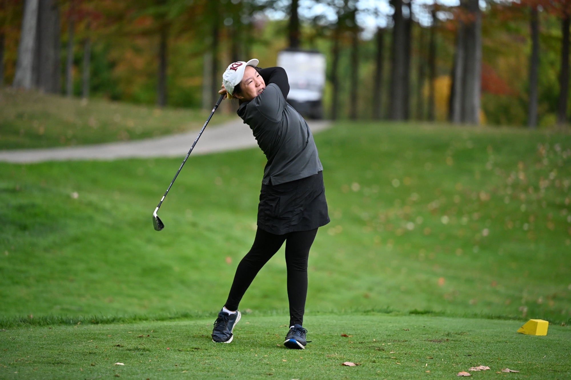 Livia Andov of the Kutztown University women's golf team tees off during the opening round of the Michael Corbett Fall Classic on Sunday, Oct. 12, 2025.