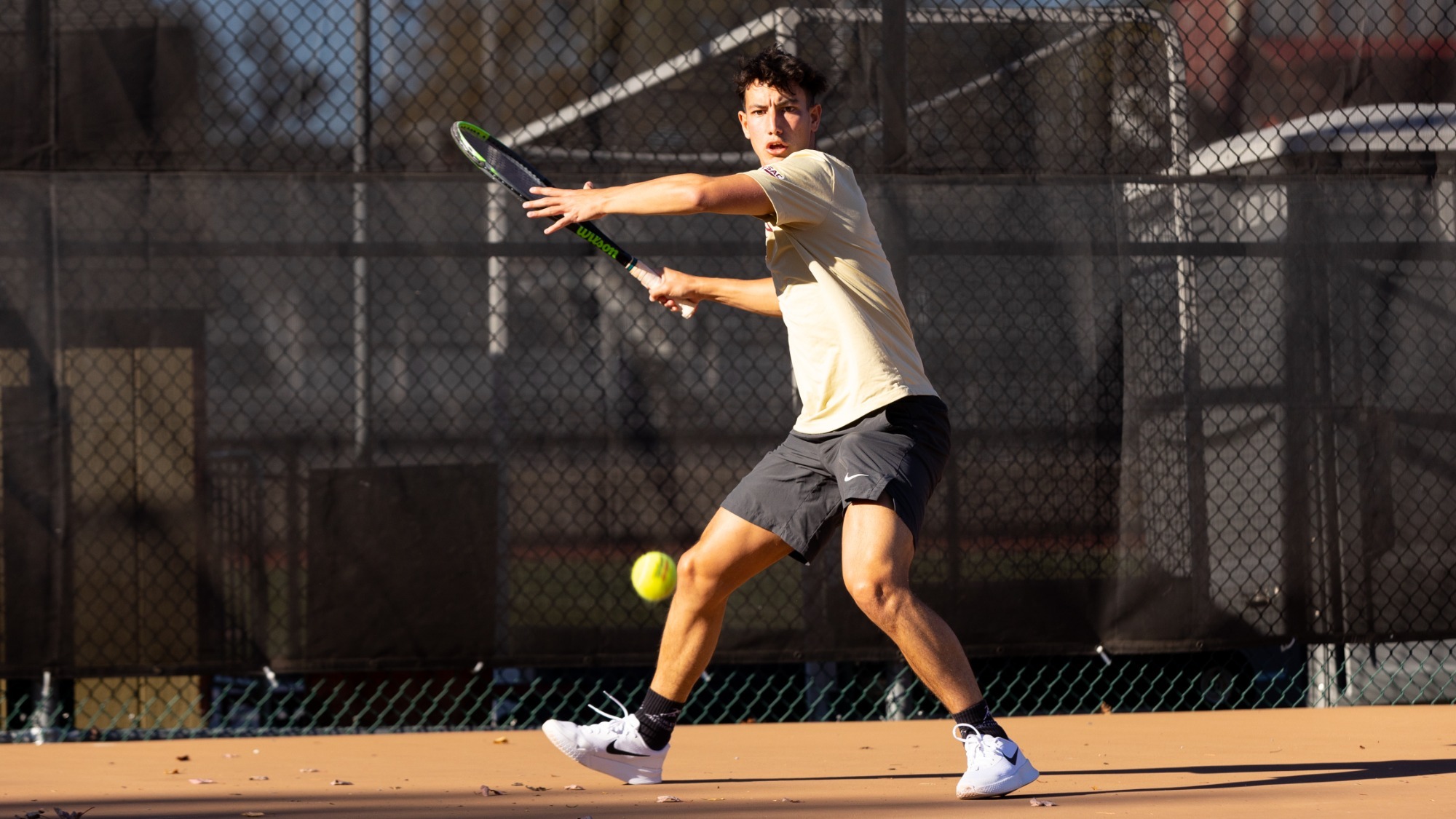 Lucas Cherniak of the Kutztown University men's tennis team prepares to hit a forehand shot during a match against Moravian on Thursday, Oct. 16, 2025.