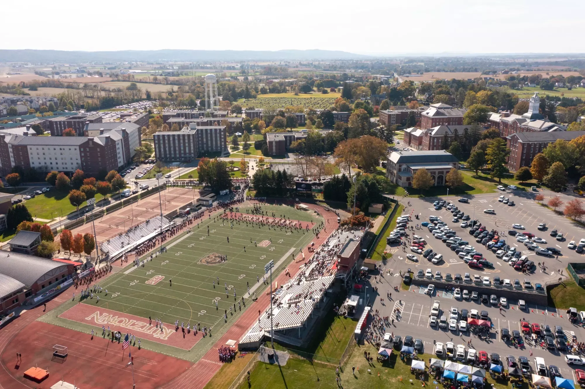 Drone overview of Kutztown University's homecoming festivities before Kutztown's 43-14 win over Millersville on Saturday, Oct. 18, 2025.