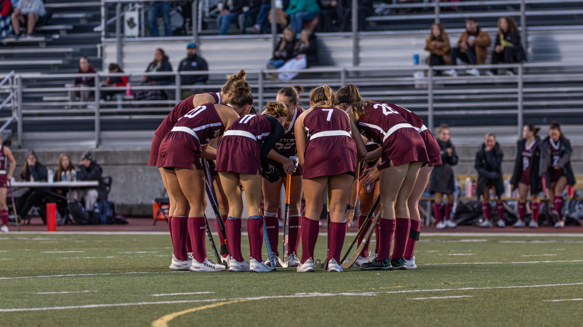 Kutztown Field Hockey huddles up before a corner during the PSAC Semifinals vs. West Chester