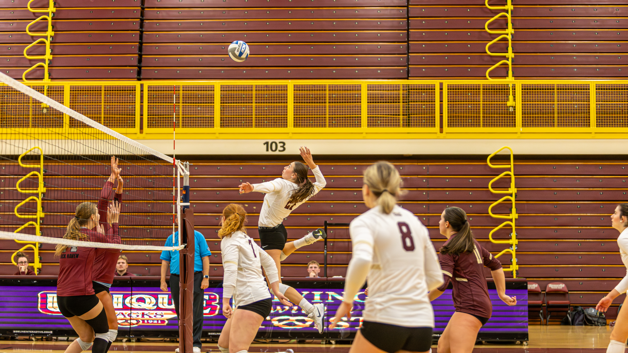 Grace White going up for an attack vs. Lock Haven, 11/1/25