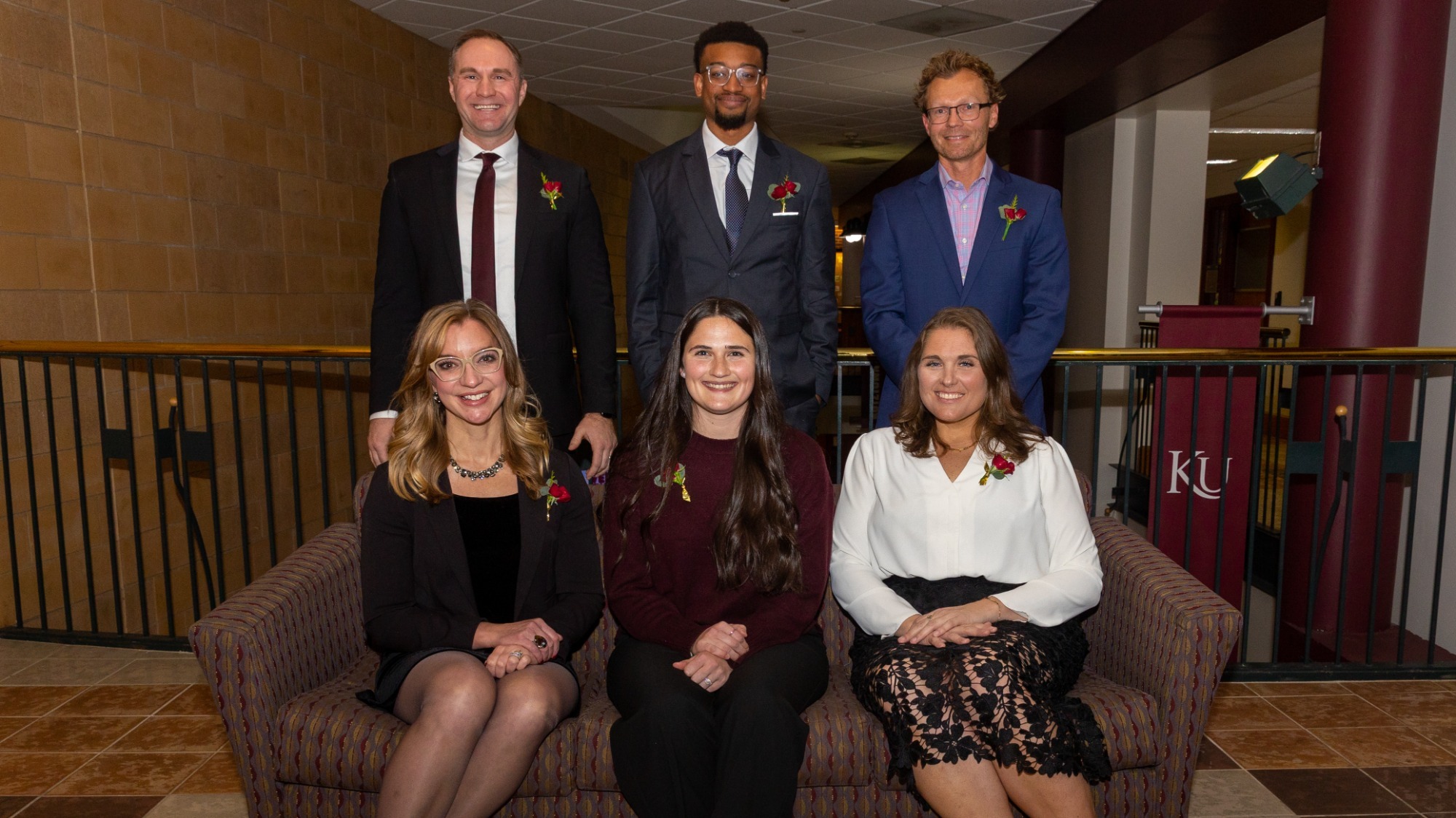 Kutztown University inducted its 2025 Athletics Hall of Fame Class during a ceremony on Friday, Nov. 14. Front Row (L to R): Laura Kline Senna, Emily Zwiercan Gosling, Mercedes Van Wagner Scheibein. Back Row (L to R): Dr. Jeffrey D. Craig Jr., Anthony Lee, Lee Hawley.