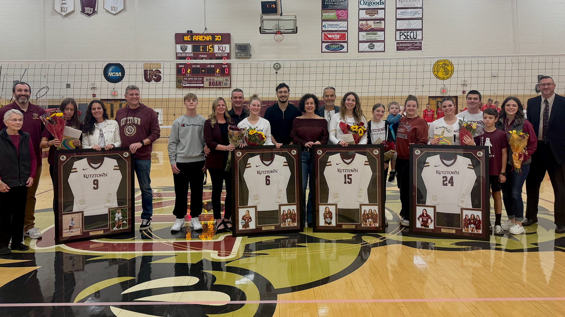 Kutztown women's volleyball seniors posing on senior day, 11/15/25