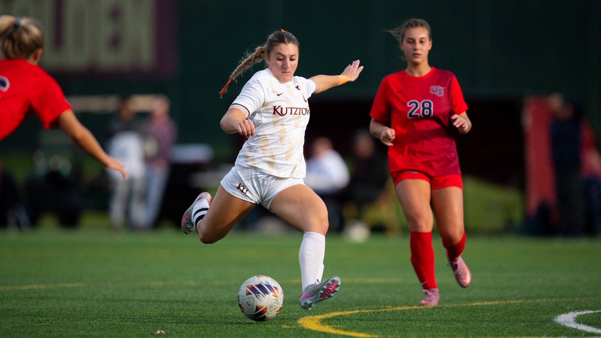 Corinne Morgan of the Kutztown University women’s soccer team takes a shot vs. Shippensburg 11/5/25