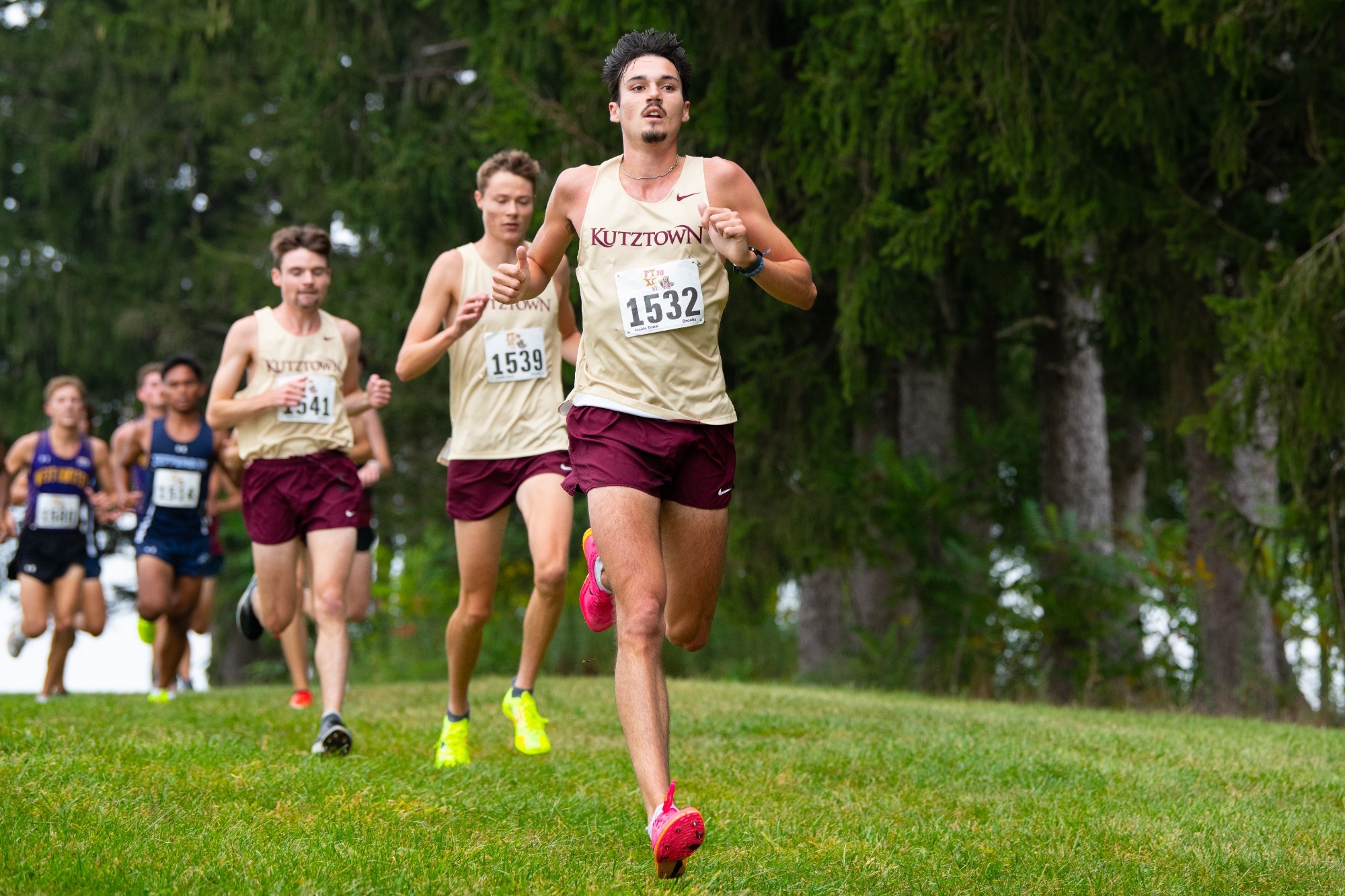 Adam Brocato of the Kutztown University men's cross country team competes in the DII/DIII Challenge at the North Campus Farm Loop on Saturday, Sept. 13, 2025. Brocato was Kutztown's top finishing runner in fifth-place overall.