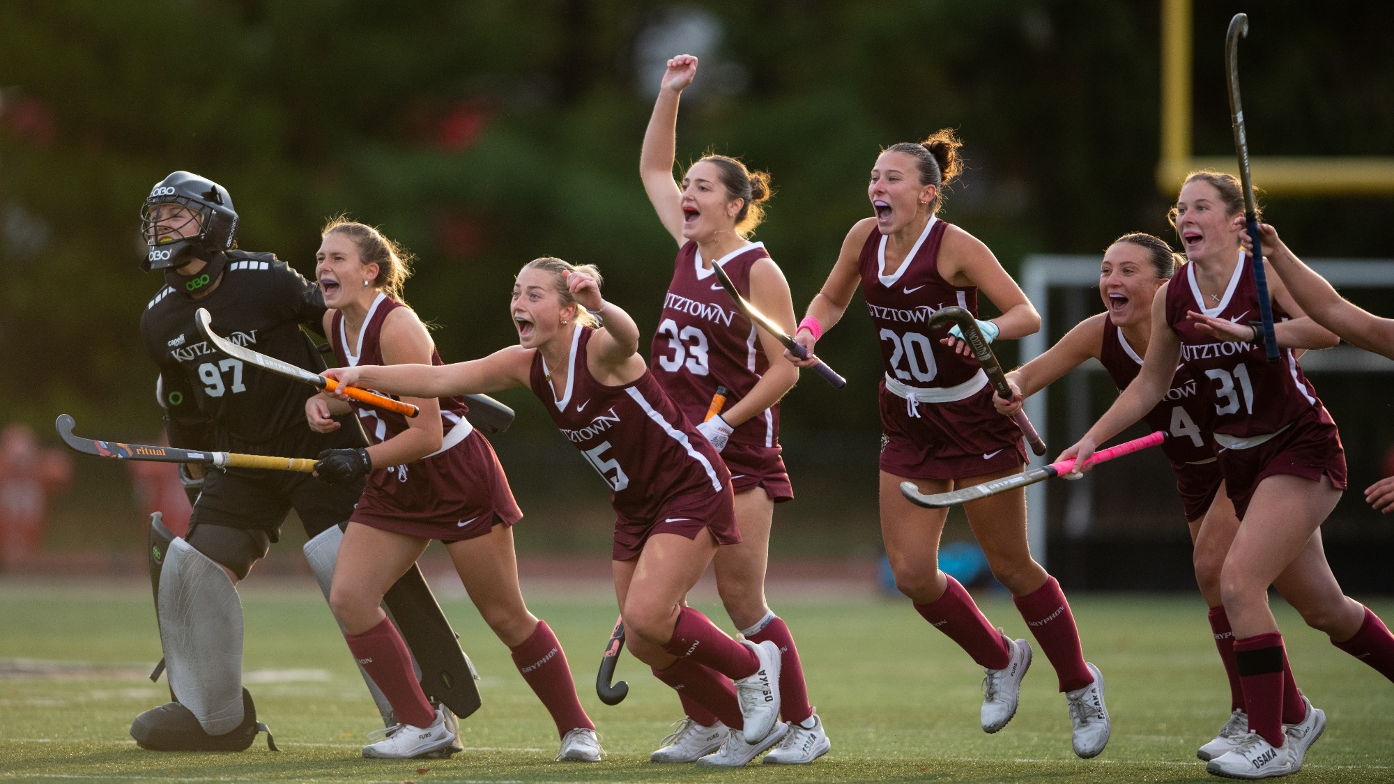Kutztown Field Hockey celebrating a goal vs. West Chester, 11/7/2025