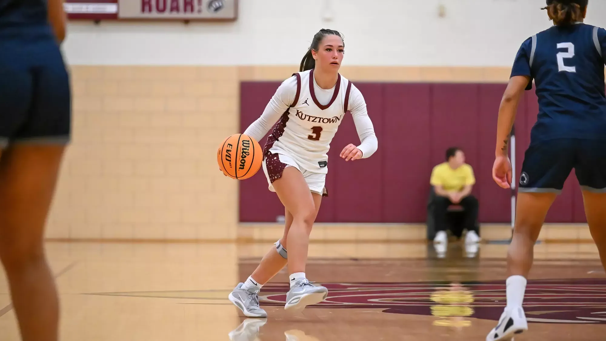 Bella Quinn brings the ball up the floor in Kutztown's win over Penn State Schuylkill 11-19-25