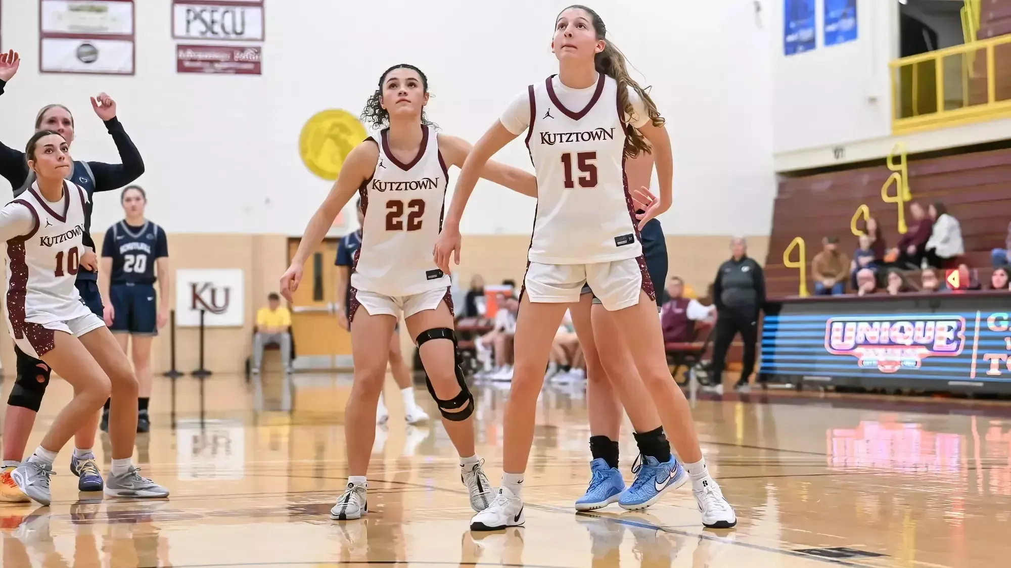 Kitty Randa and Stella Higgins waiting for a rebound opportunity in Kutztown's win over Penn State Schuylkill 11-19-25