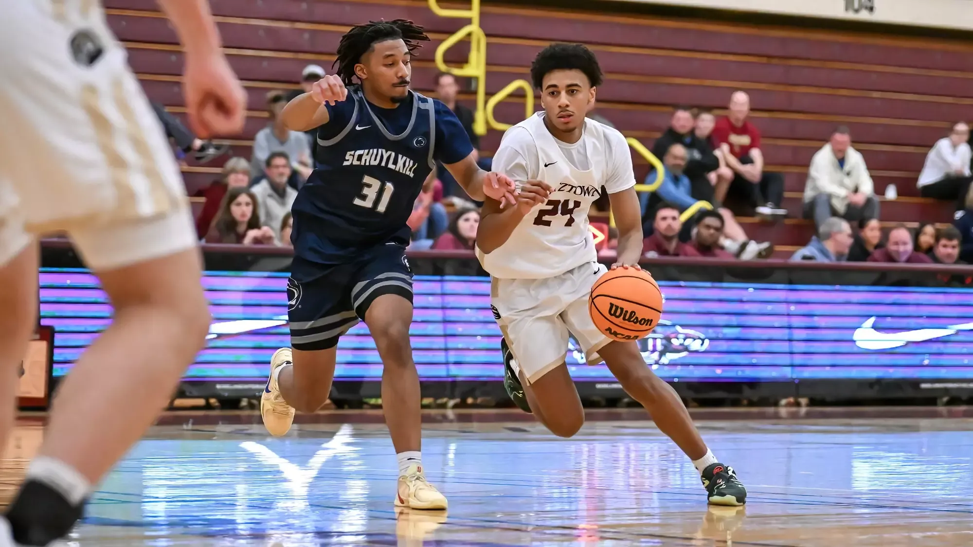 Brendan Gaines driving to the basket in Kutztown's win over Penn State Schuylkill 11-19-25