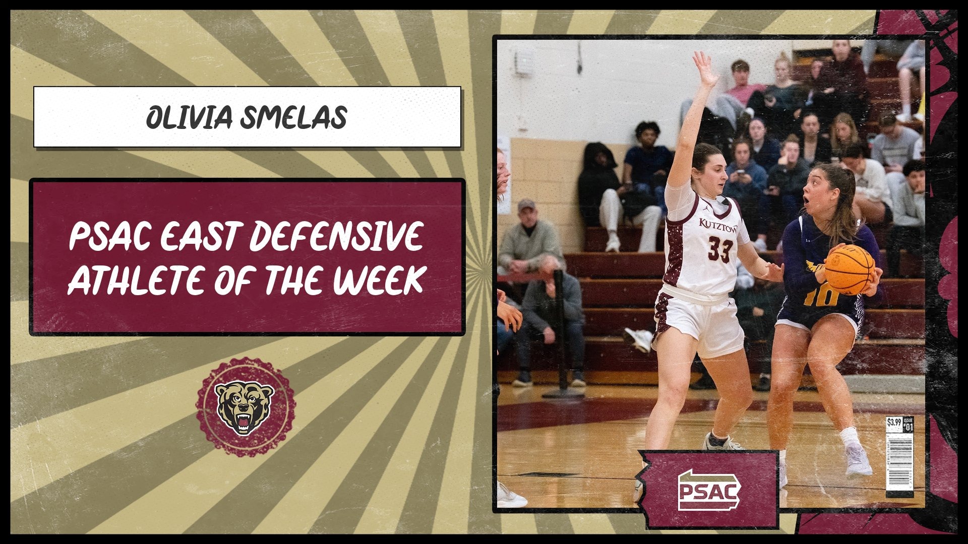 Olivia Smelas PSAC East Defensive Athlete of the Week graphic, 12/22/25
