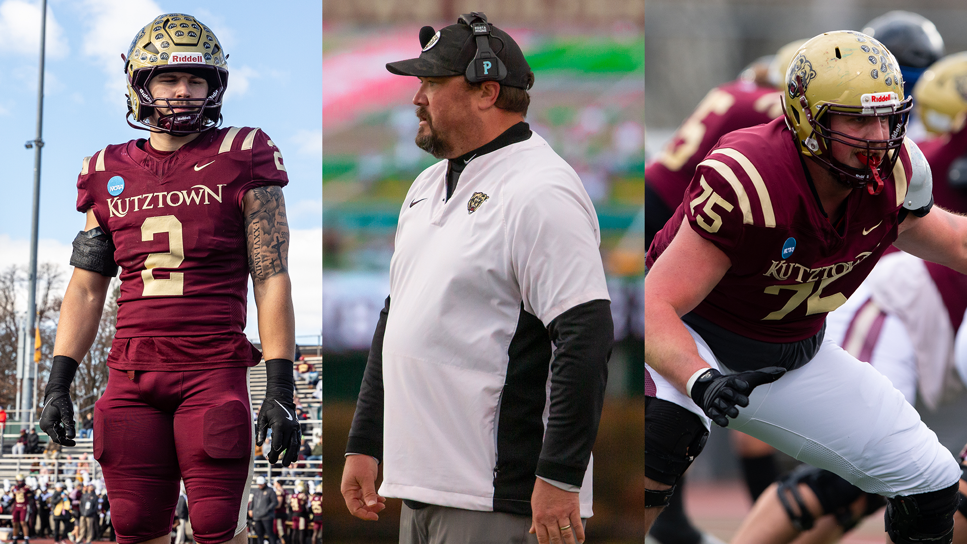 Action shots of Kutztown University football's 2025 Walter Camp Foundation honorees Brandon Hile (left), head coach Jim Clements (center) and Ryan Schernecke (right). Clements was named DII Coach of the Year, while Hile and Schernecke were named All-Americans.