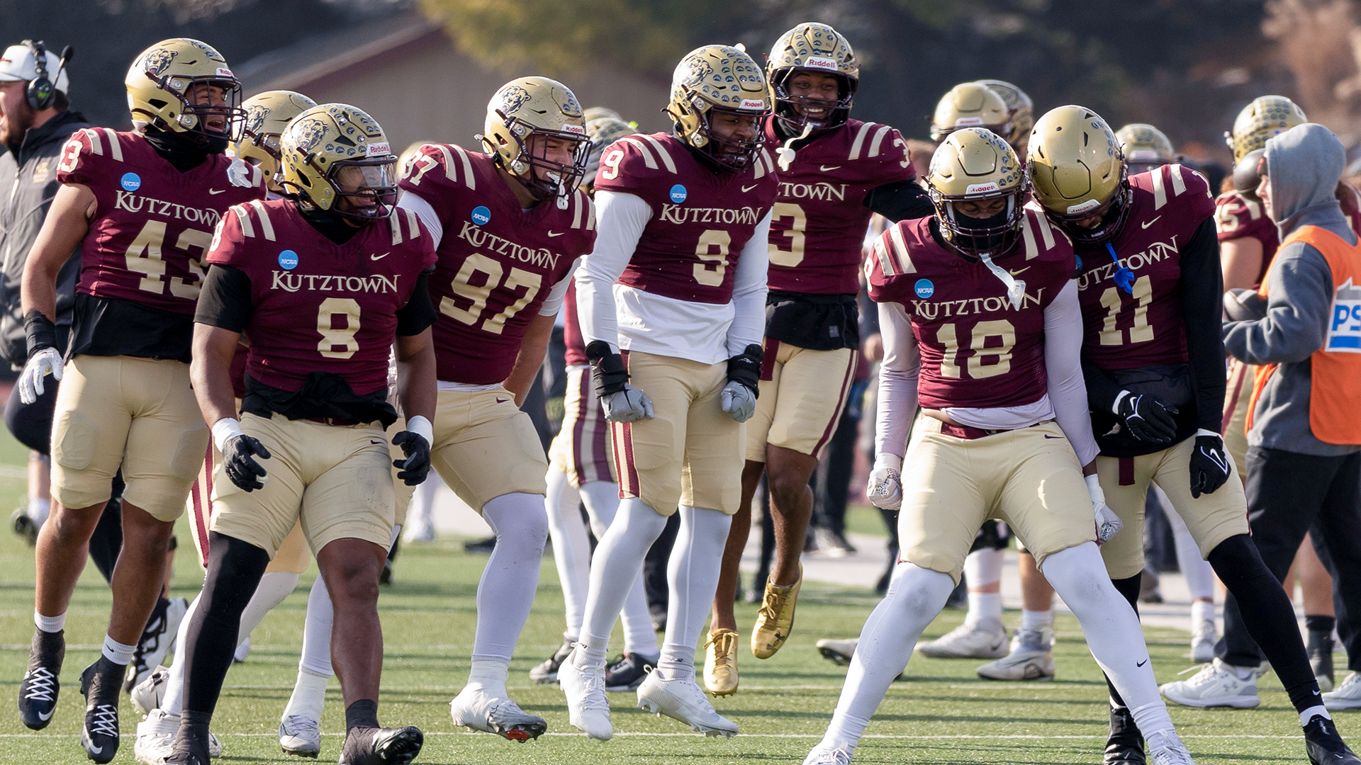 Kutztown University's Lawron Short (18) and his defensive teammates celebrate following Short's strip sack during the Golden Bears' 51-29 NCAA Division II Football quarterfinal victory over Frostburg State on Saturday, Dec. 6, 2025.