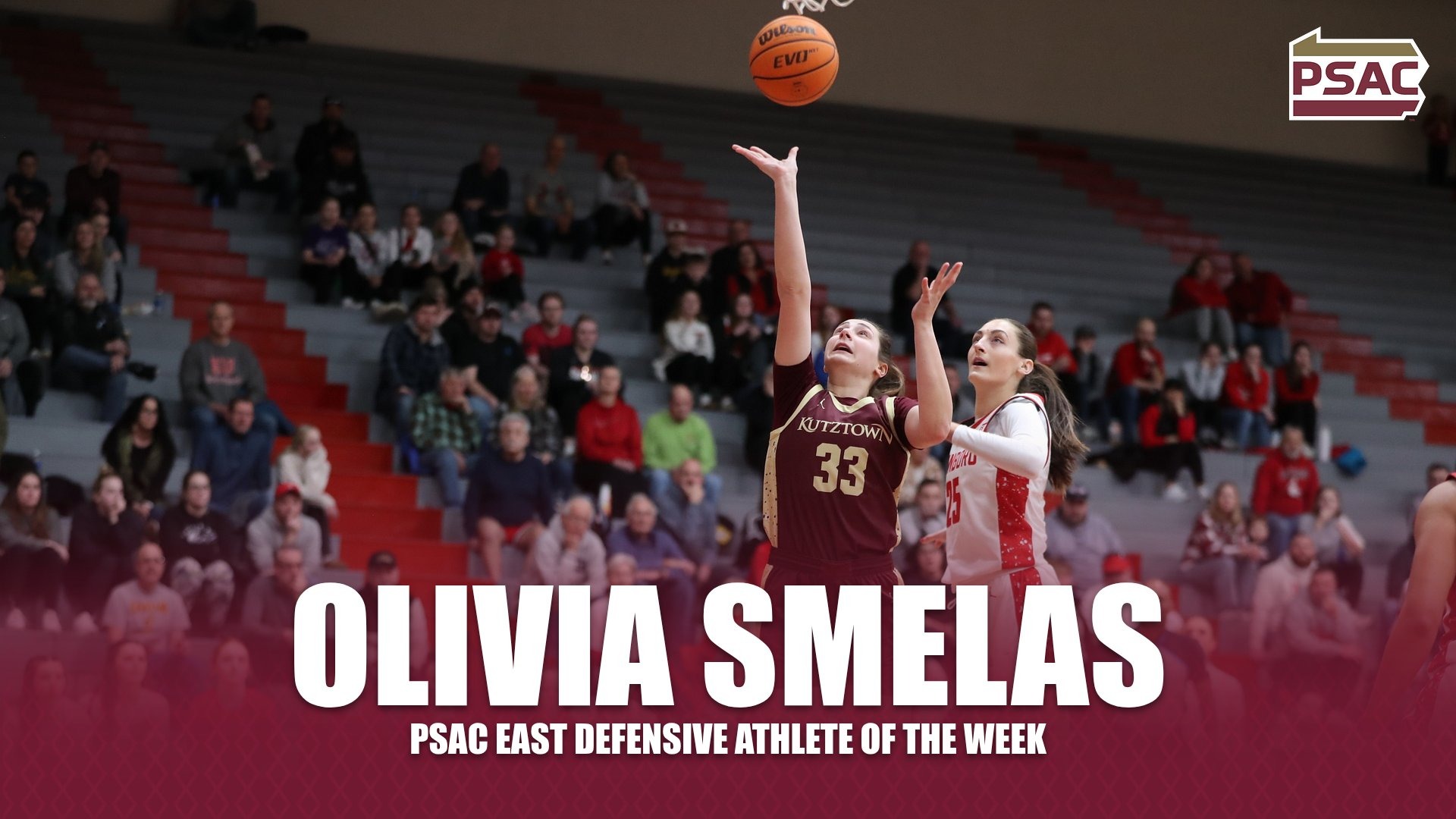 Olivia Smelas PSAC East Defensive Athlete of the Week graphic, 12/8/25