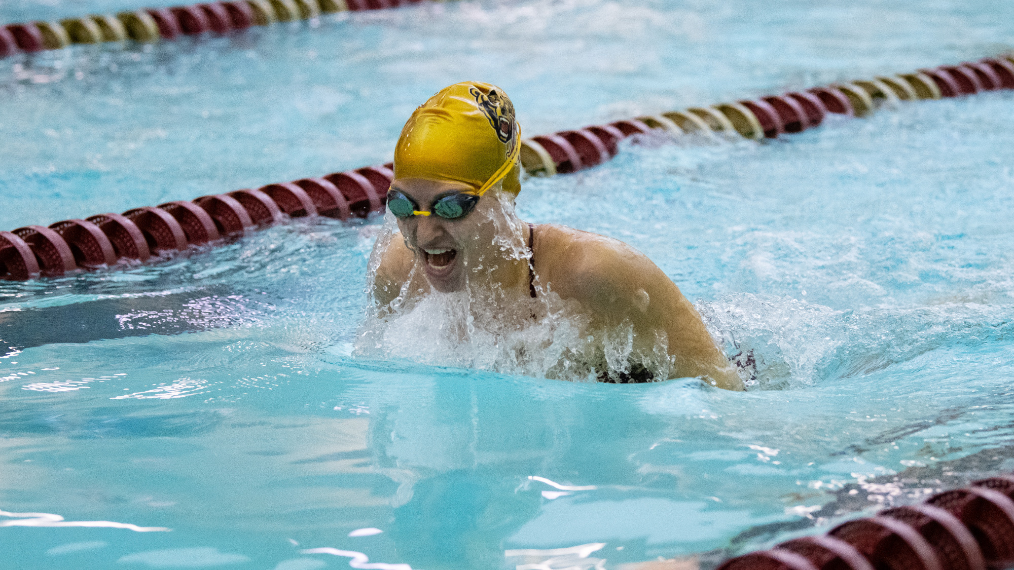 Kutztown's Tatum Rothermel swims the 200-yard breaststroke during a PSAC dual meet against Millersville on Saturday, Nov. 9, 2024.