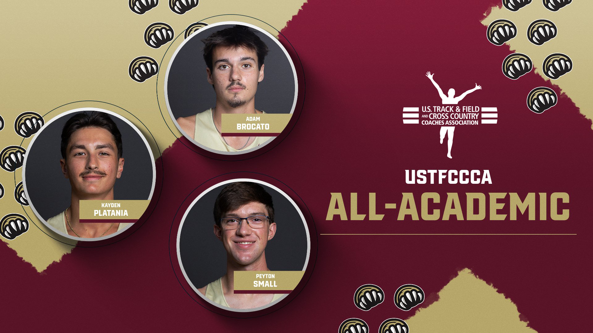 Graphic recognizing Kutztown University men's track & field's 2024 USTFCCCA All-Academic Team and Athlete awards. All-Academic Athletes pictured are Adam Brocato, Kayden Platania and Peyton Small.
