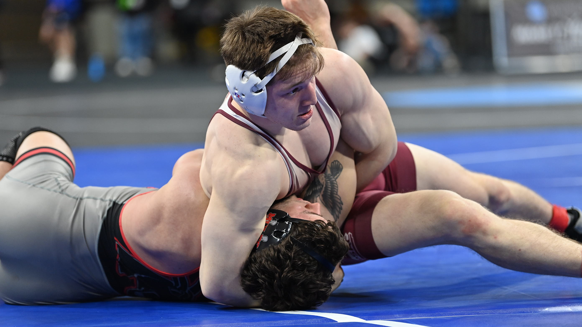 Matthew Weinberg of the Kutztown University wrestling team pins Damon Ashworth of Central Missouri in the 184-pound third-place match at the NCAA Division II Championships on Saturday, March 15, 2025.