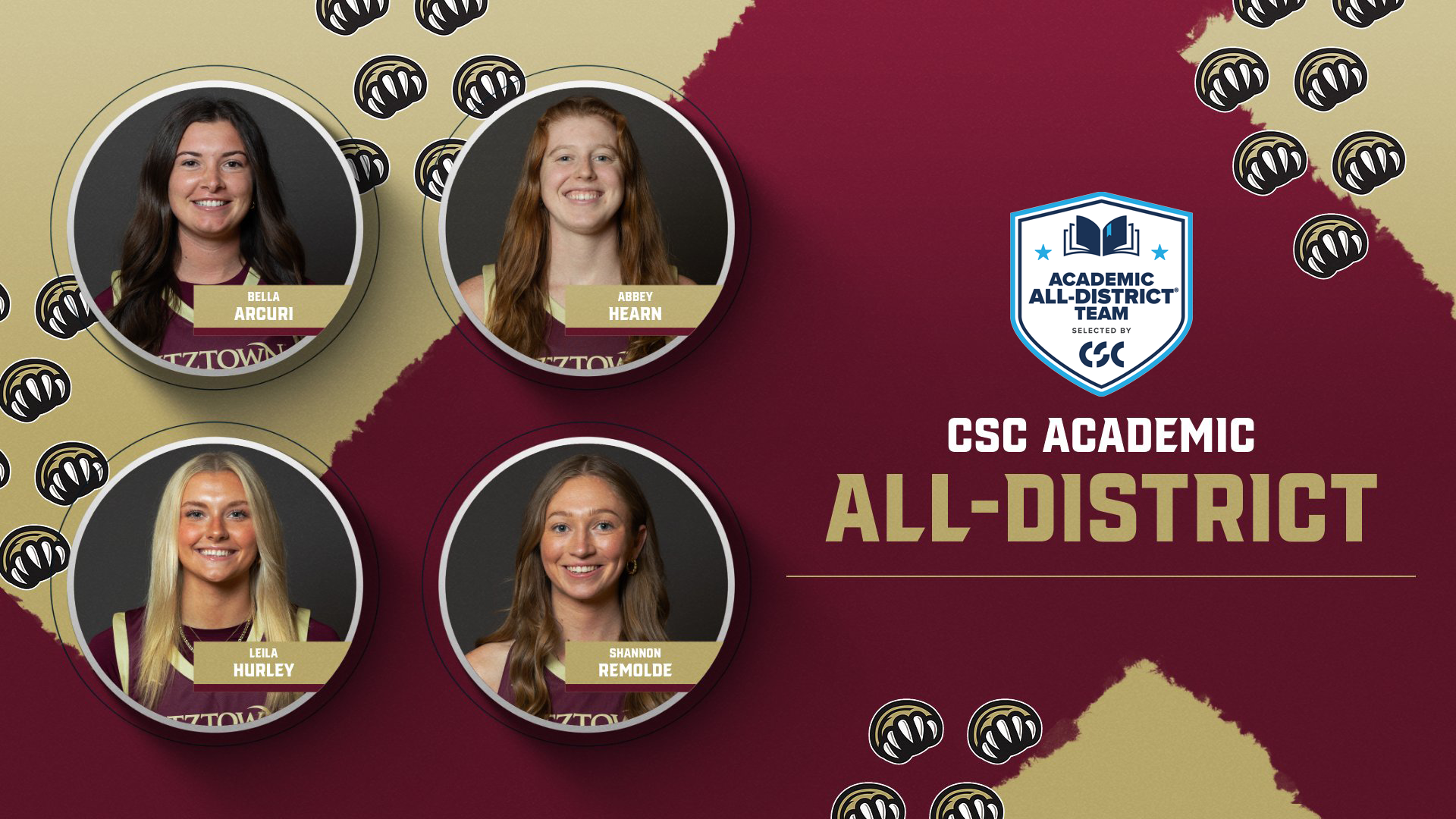 Graphic highlighting Kutztown University women's basketball's 2024-25 CSC Academic All-District selections: Bella Arcuri, Abbey Hearn, Leila Hurley and Shannon Remolde.