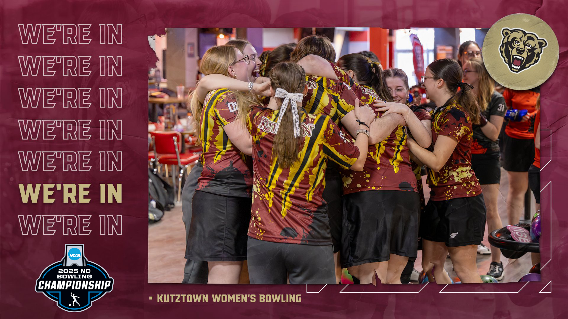 Graphic celebrating Kutztown University women's bowling's selection into the 2025 NCAA Championship tournament.