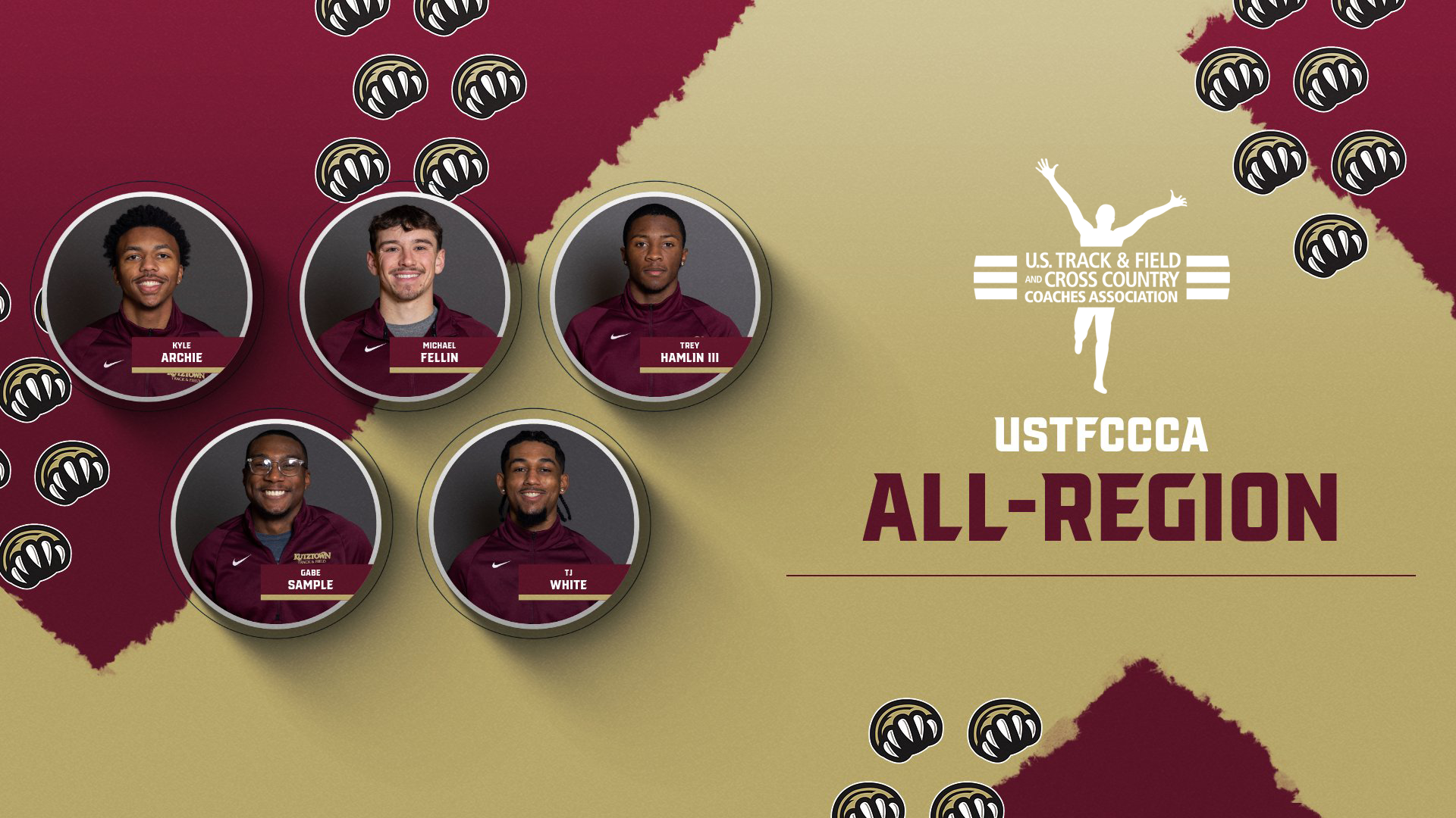 Graphic recognizing Kutztown University men's track & field student-athletes Kyle Archie, Michael Fellin, Trey Hamlin III, Gabe Sample and TJ White on their USTFCCCA All-Atlantic Region honors for the 2024-25 indoor season.