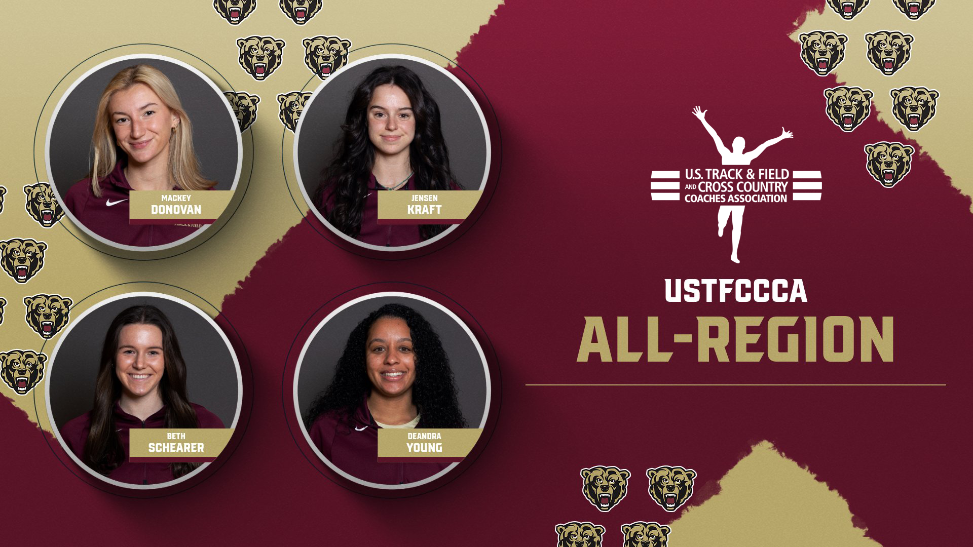 Graphic recognizing Kutztown University's distance medley relay team of Mackey Donovan, Jensen Kraft, Beth Schearer and Deandra Young on their USTFCCCA All-Atlantic Region honor for the 2024-25 indoor season.
