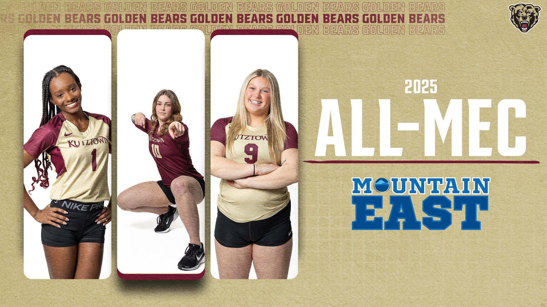 Graphic recognizing Kutztown University acrobatics & tumbling's 2025 All-Mountain East Conference selections. From left to right: Tiffani Lincoln (First Team), Sydney Jundt (First Team) and Maddie Welsh (Second Team).