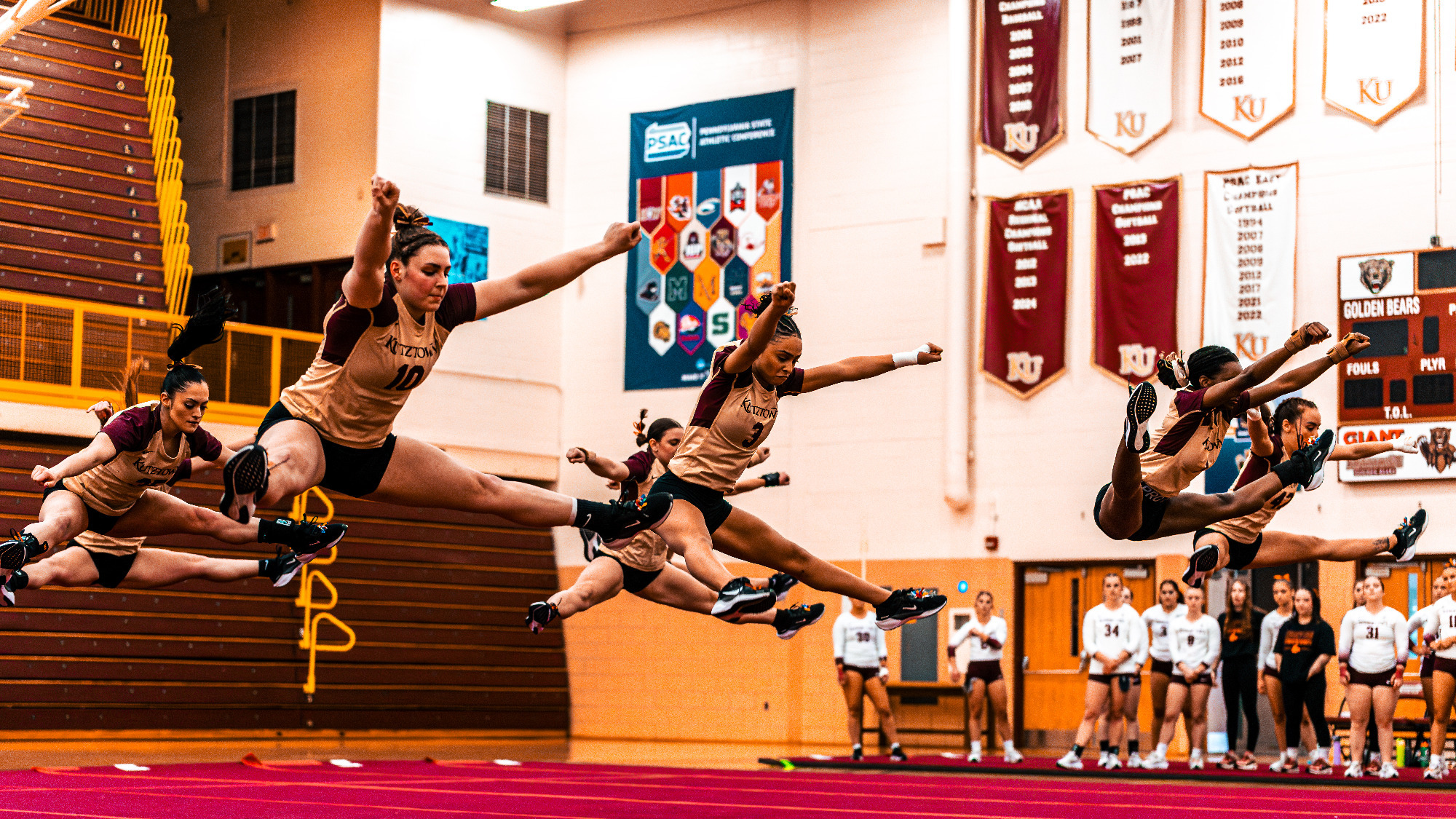 Elaina Blackstock (3) and the Kutztown University acrobatics & tumbling team compete in a meet against fifth ranked Fairmont State on Saturday, April 5, 2025.