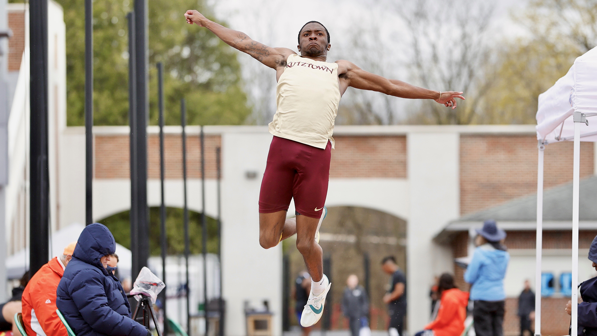 Trey Hamlin III of the Kutztown University men's track & field team competes in the long jump during the Bison Outdoor Classic at Bucknell University on Saturday, April 12, 2025. Hamlin III placed third in the event.