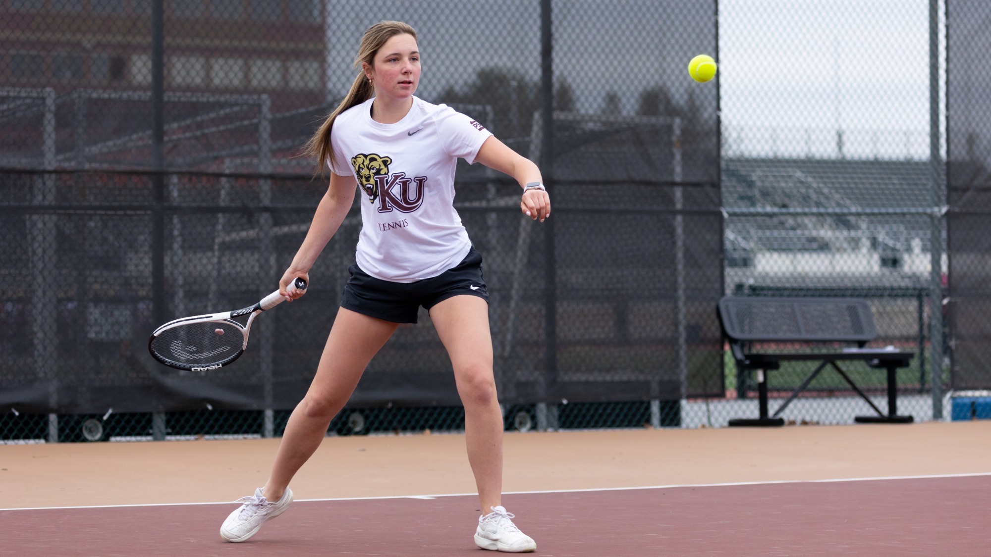 Gabby Gentile returning a shot vs. Shippensburg, 4/2/2025
