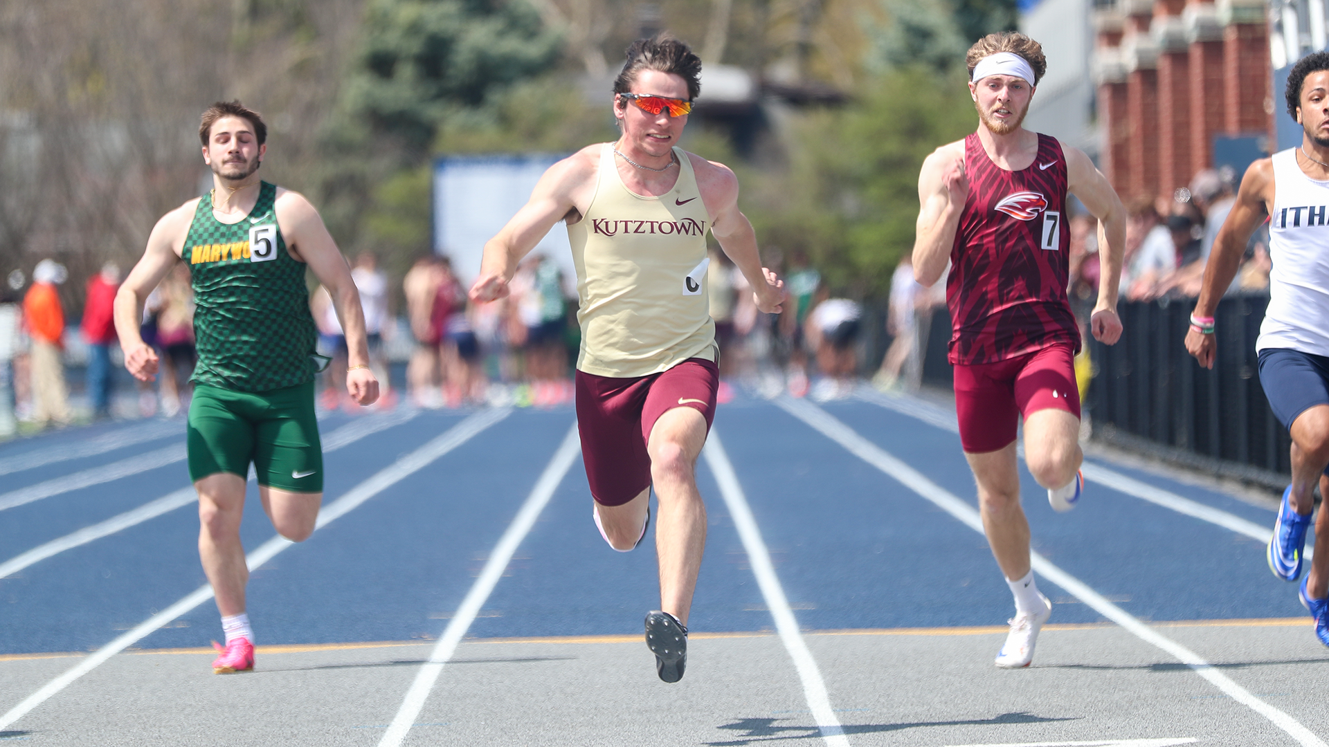 James Washburn of the Kutztown University men's track & field team competes in the 100-meter dash during the Coach Pollard Invitational at Moravian University on Friday, April 18, 2025. Washburn went on to finish third in the event.