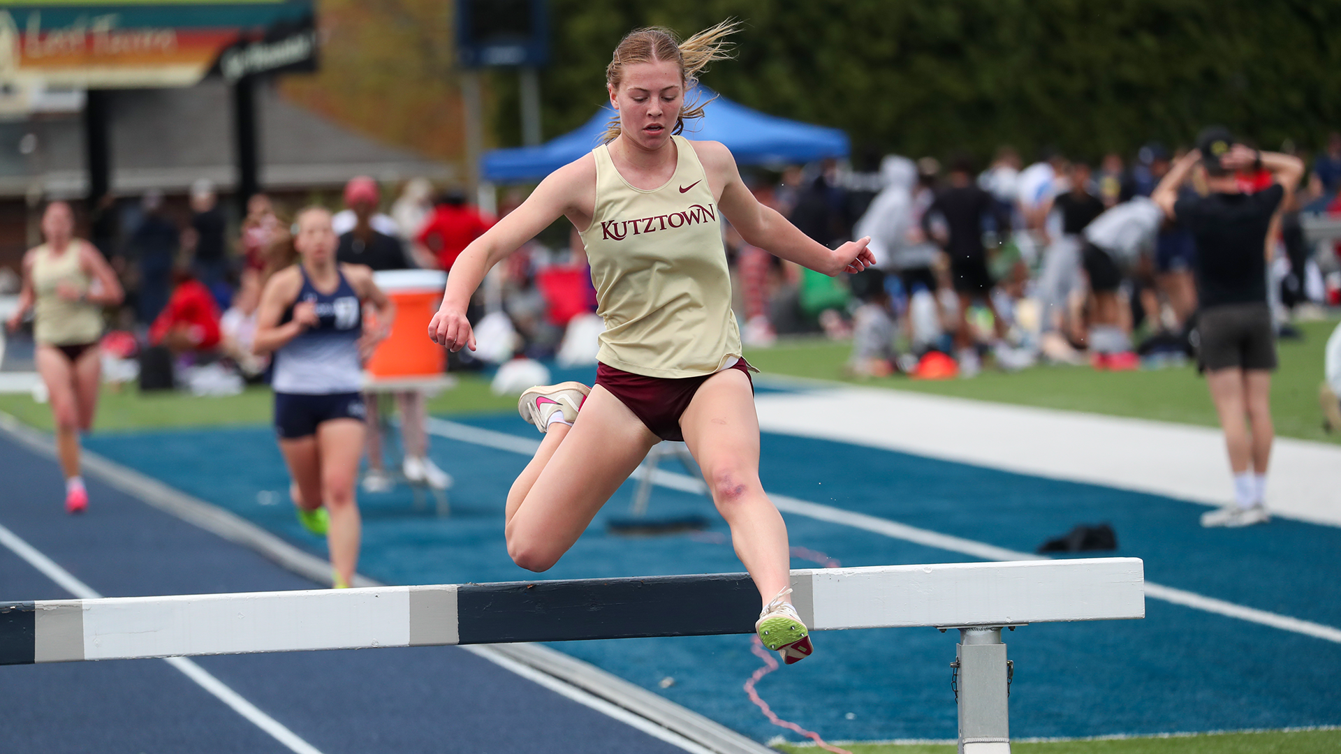 Olivia Solomon of the Kutztown University women's track & field team competes in the 3000-meter steeplechase during the Coach Pollard Invitational at Moravian University on Friday, April 18, 2025. Solomon finished fourth in the event.