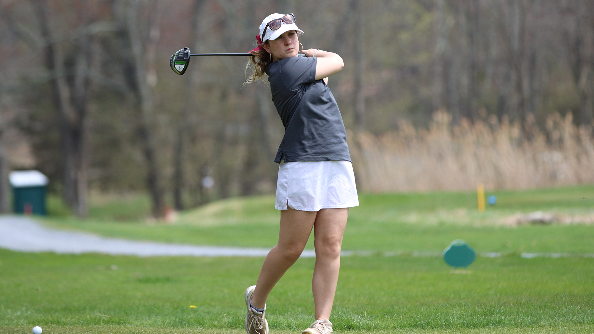 Grace Klements of the Kutztown University women's golf team hits a tee shot during the ESU Spring Invitational at Glen Brook Golf Club on Saturday, April 19, 2025.