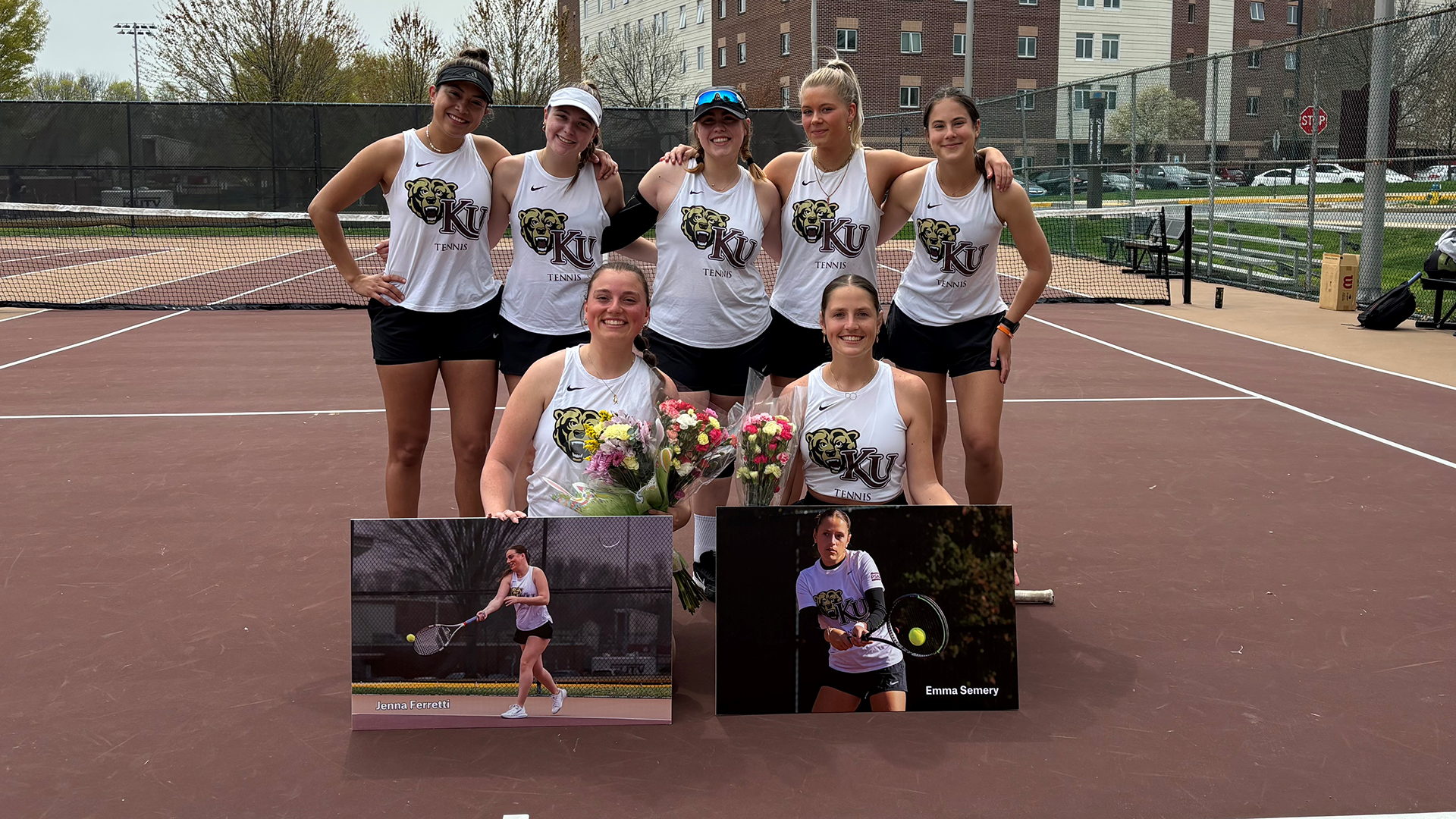 Kutztown University women's tennis celebrated its 2024-25 seniors Jenna Ferretti (front left) and Emma Semery (front right) on Senior Day against Molloy, Saturday, April 19, 2025.