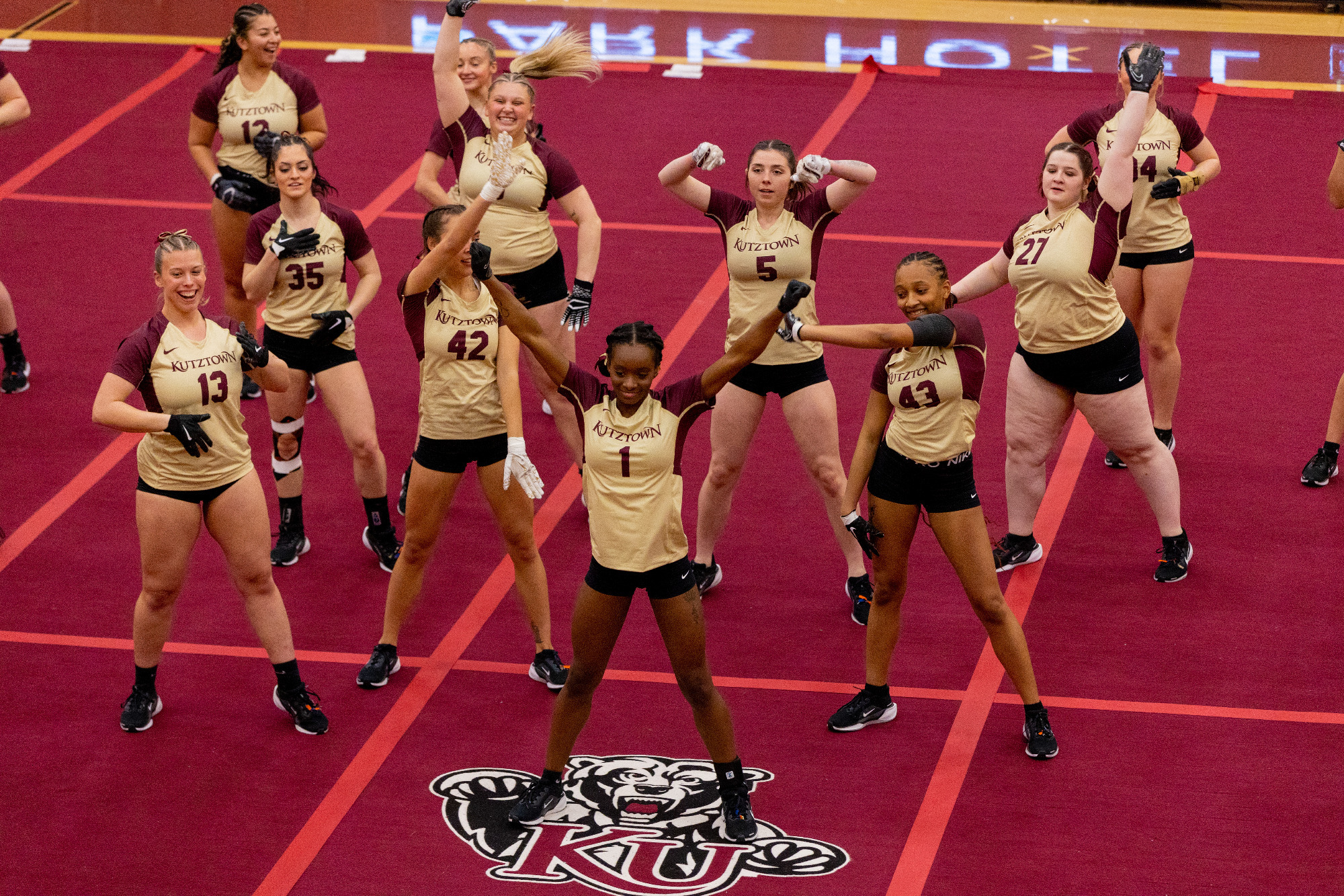 Kutztown University acrobatics & tumbling performs in the team event during a meet against Stevenson on Feb. 27, 2025.