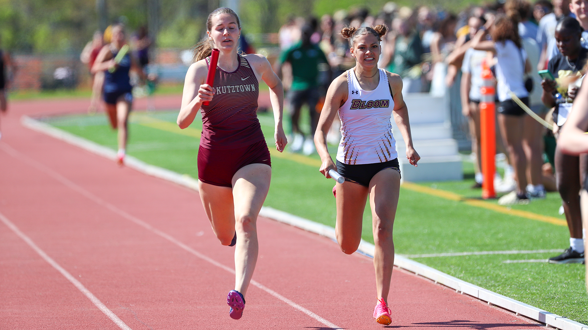 Beth Schearer of the Kutztown University women's track & field team competes in the 4x400 meter relay at the PSAC Outdoor Championships in Slippery Rock, Pa., on Saturday, May 10, 2025.
