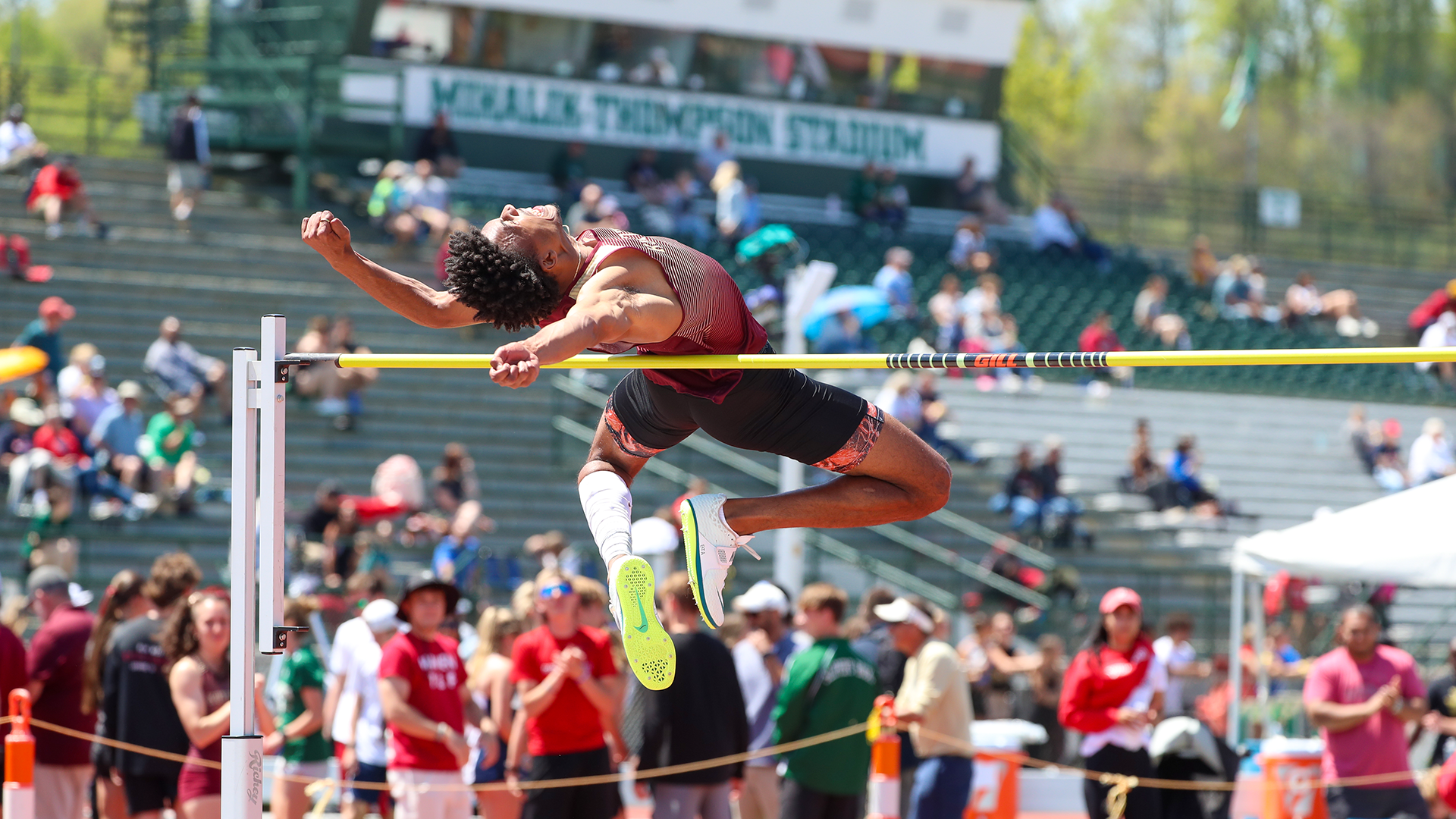 Kyle Archie of the Kutztown University men's track & field team competes in the high jump at the PSAC Outdoor Championships in Slippery Rock, Pa., on Saturday, May 10, 2025. Archie would win the silver medal in the event with a NCAA provisional mark of 2.08m (6-9.75).