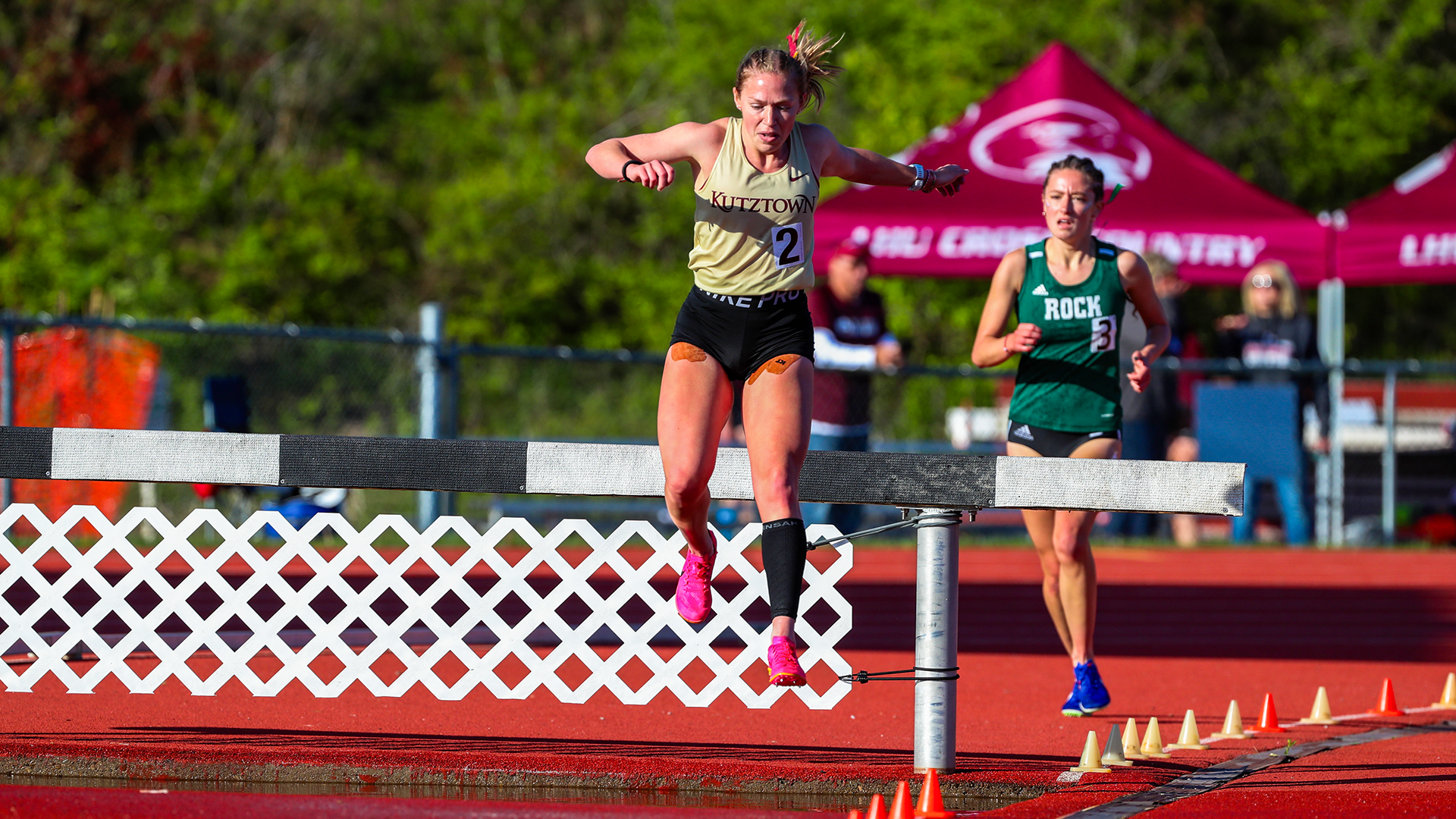 Sophia Knerr of the Kutztown University women's track & field team competes in the 3000 meter steeplechase at the PSAC Outdoor Championships on Friday, May 9, 2025. Knerr would finish second for her second straight silver medal and All-PSAC Second Team honor in the event.