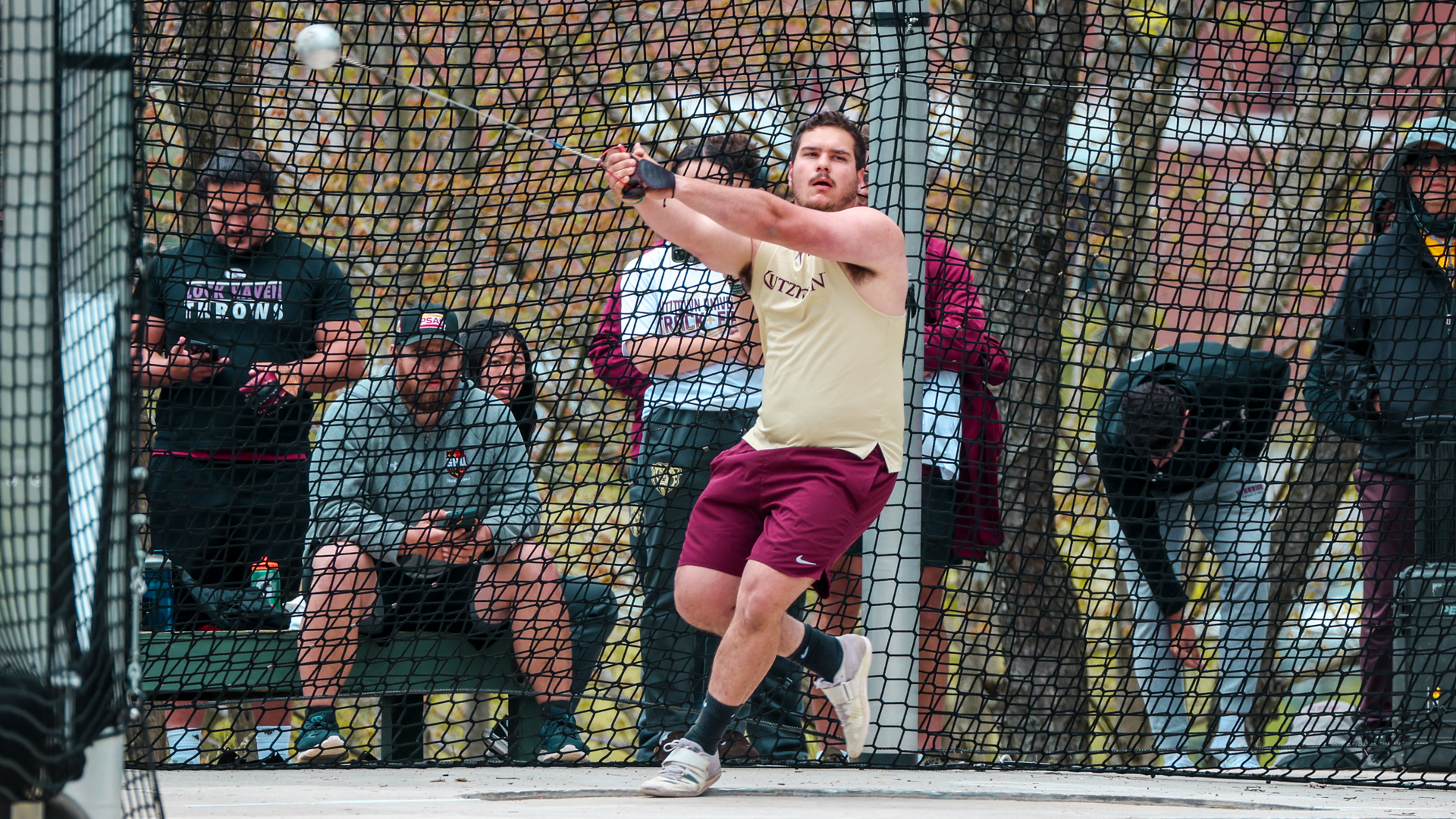 Jacob Solonoski of the Kutztown men's track & field team competes in the hammer throw at the PSAC Outdoor Championships in Slippery Rock, Pa., on Thursday, May 8, 2025. Solonoski finished fourth in the event with the second-best throw in KU history.