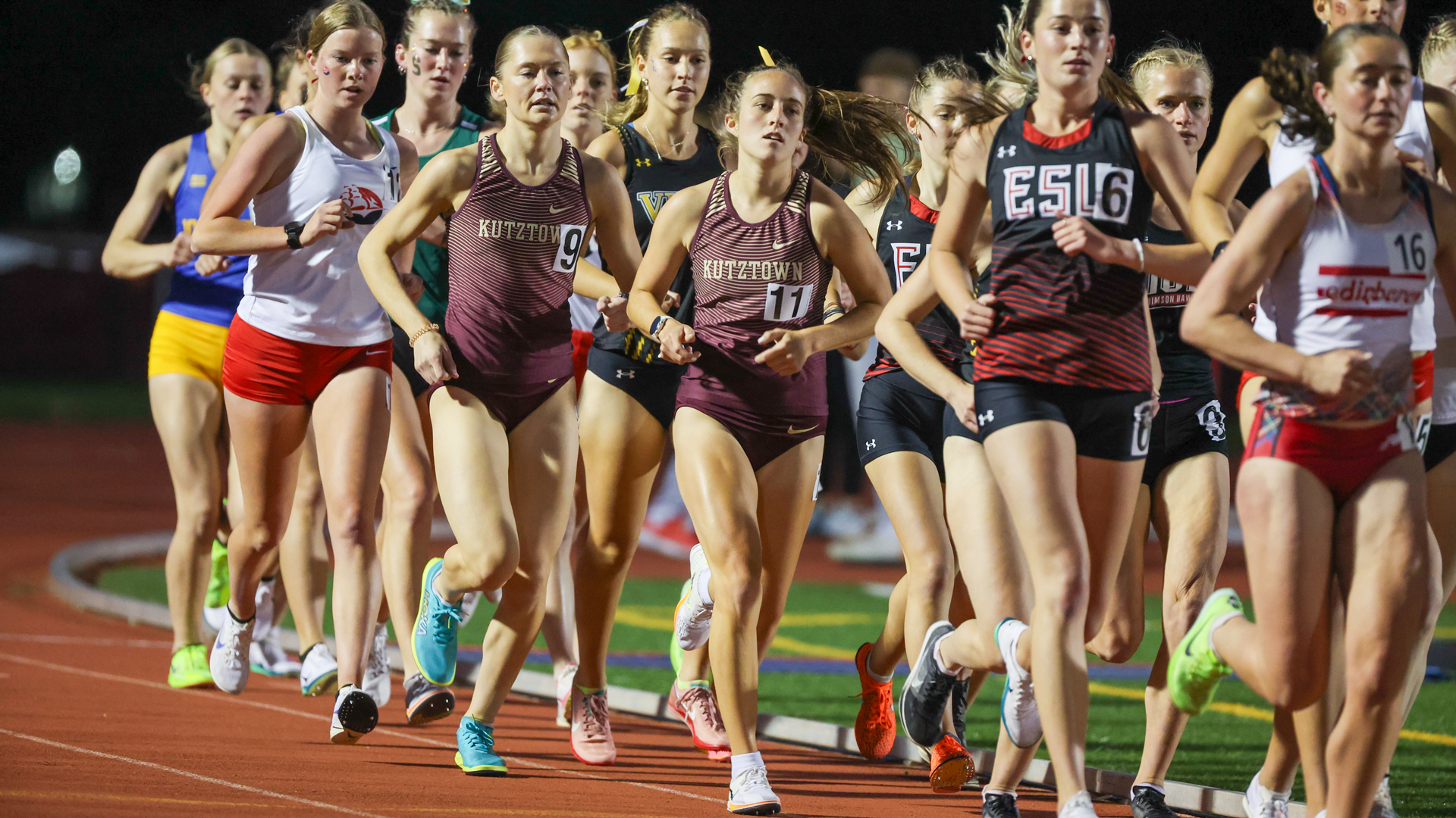Maura Lenhart and Sage Dunkleberger of the Kutztown University women's track & field team compete in the 10,000 meter run at the PSAC Outdoor Championships on Thursday, May 8, 2025. Lenhart finished seventh in the event, while Dunkleberger was ninth.