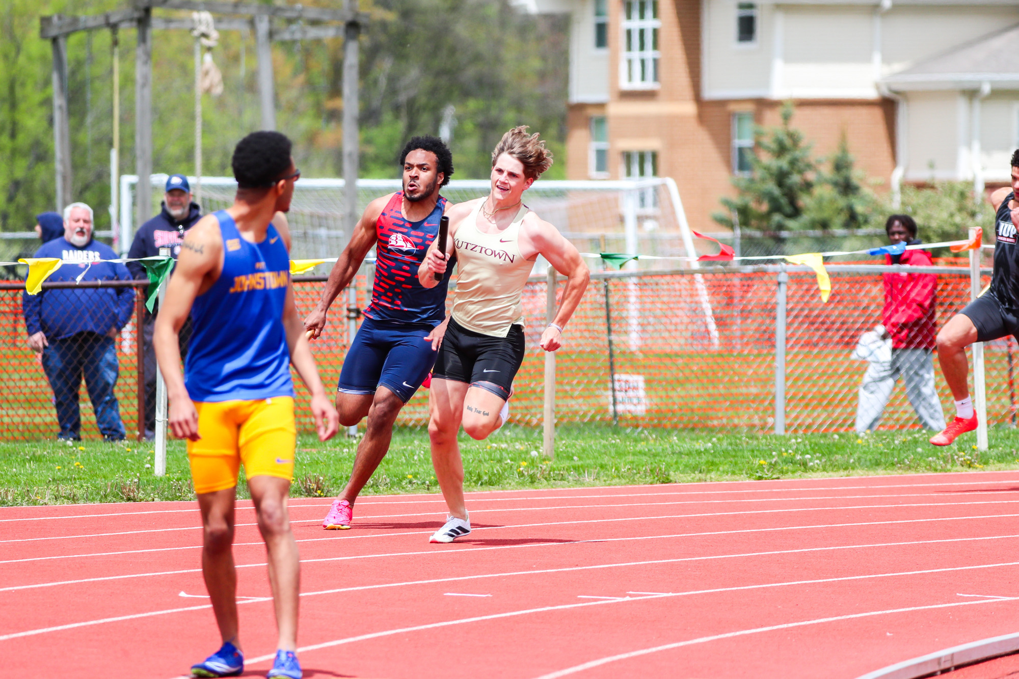 Steele Wrigley of the Kutztown University track & field team competes in the 4x100 meter relay during preliminary heats at the PSAC Outdoor Championships on Friday, May 9, 2025.