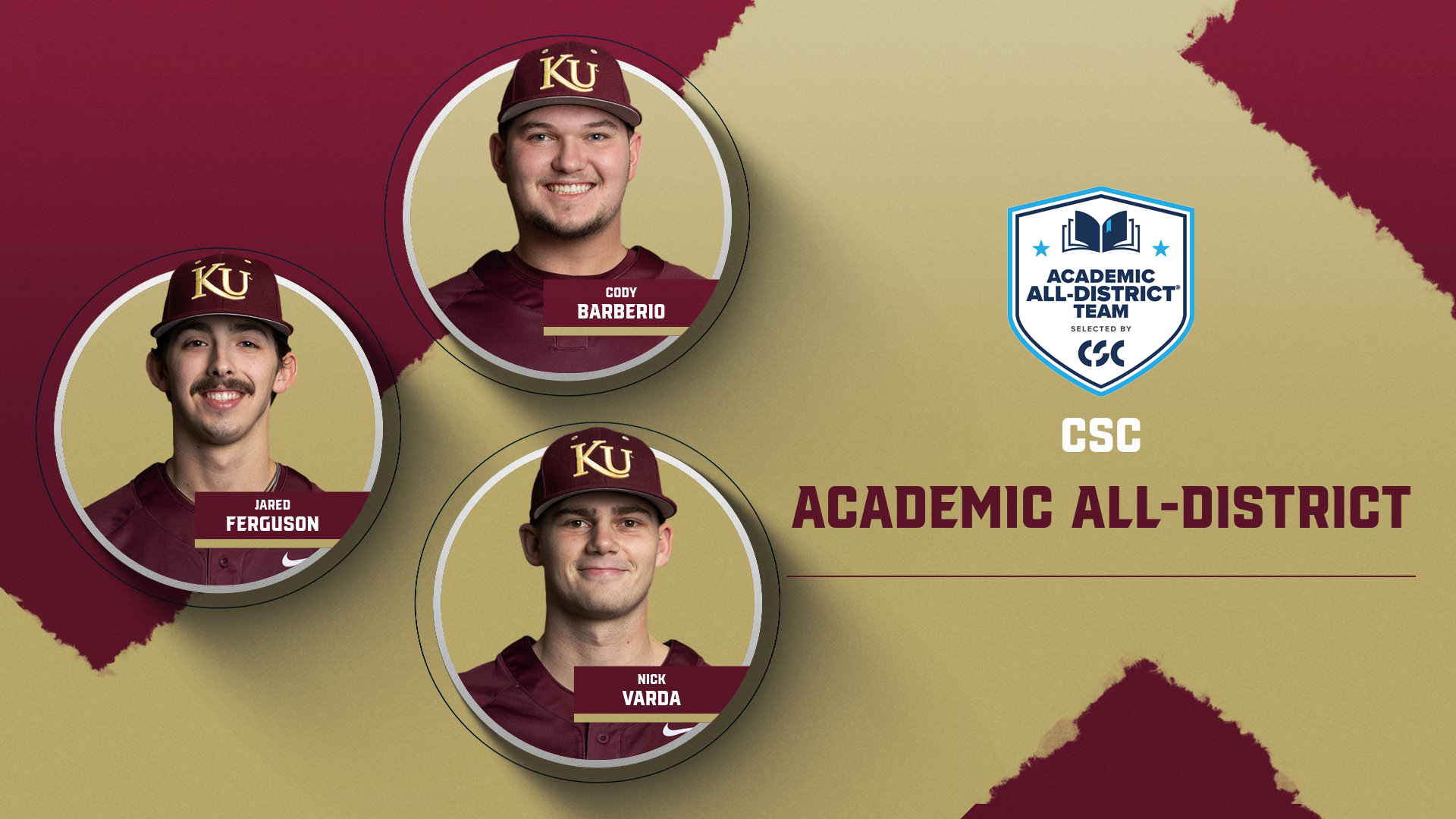 Graphic recognizing Kutztown University baseball's 2025 CSC Academic All-District selections: Cody Barberio, Jared Ferguson and Nick Varda.