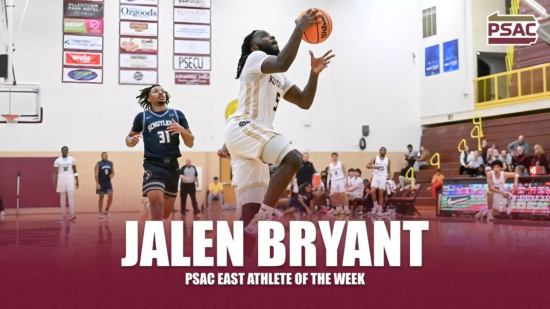 Graphic recognizing Kutztown University men's basketball student-athlete Jalen Bryant on his selection as PSAC East Athlete of the Week on Jan. 12, 2026.