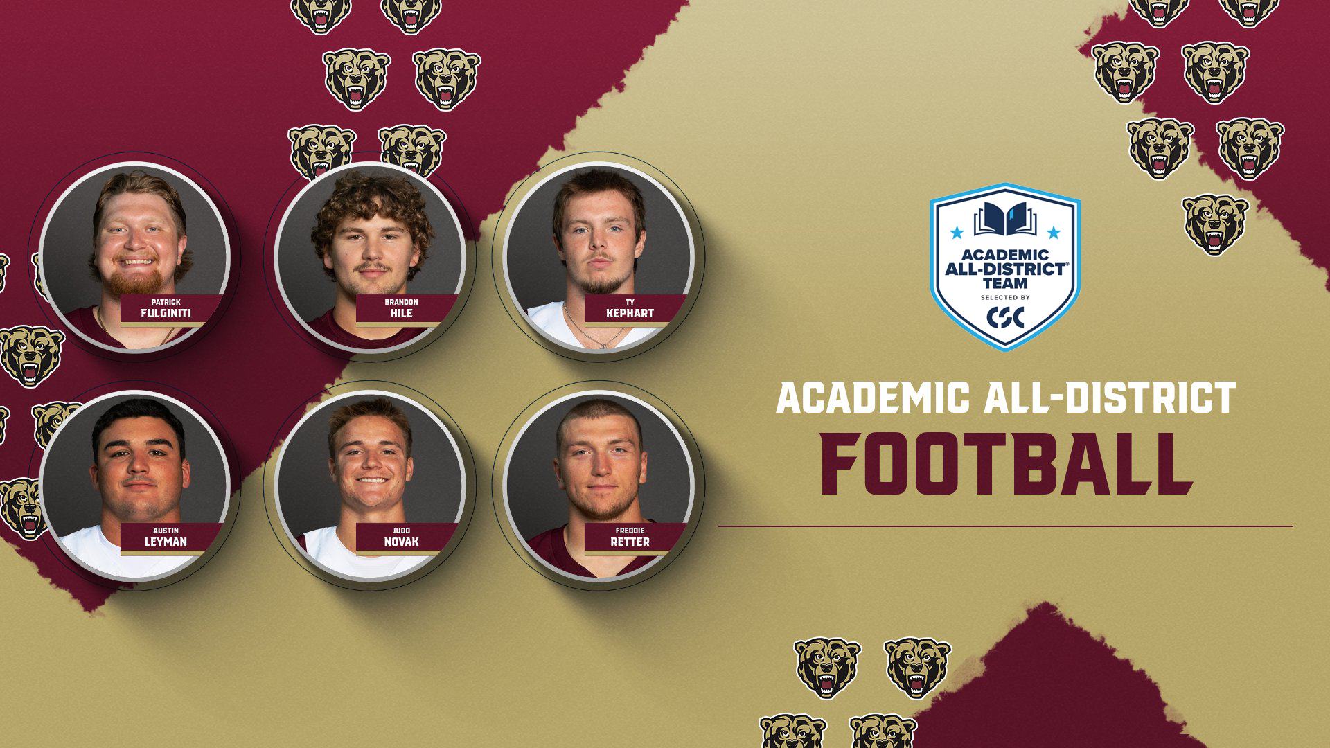 Graphic recognizing Kutztown Football's 2025 College Sports Communicators Academic All-District honorees: Patrick Fulginiti, Brandon Hile, Ty Kephart, Austin Leyman, Judd Novak and Freddie Retter.