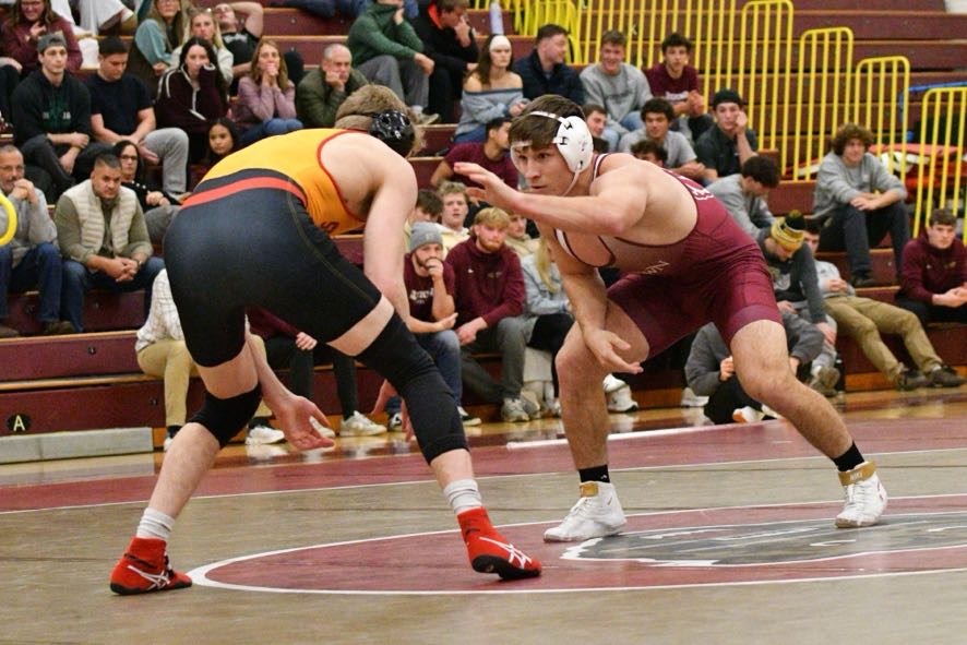 One of the Gimbor Brothers wrestling vs. Seton Hill