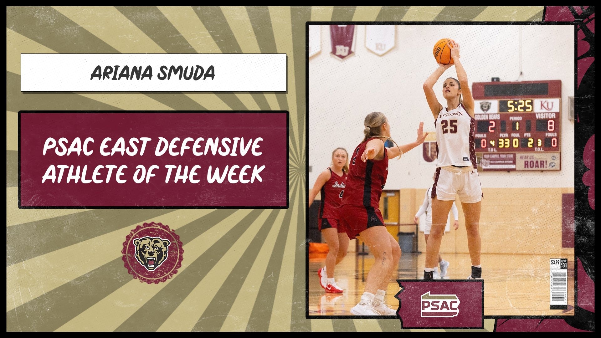Ariana Smuda PSAC East Defensive Athlete of the Week graphic, 1/20/26