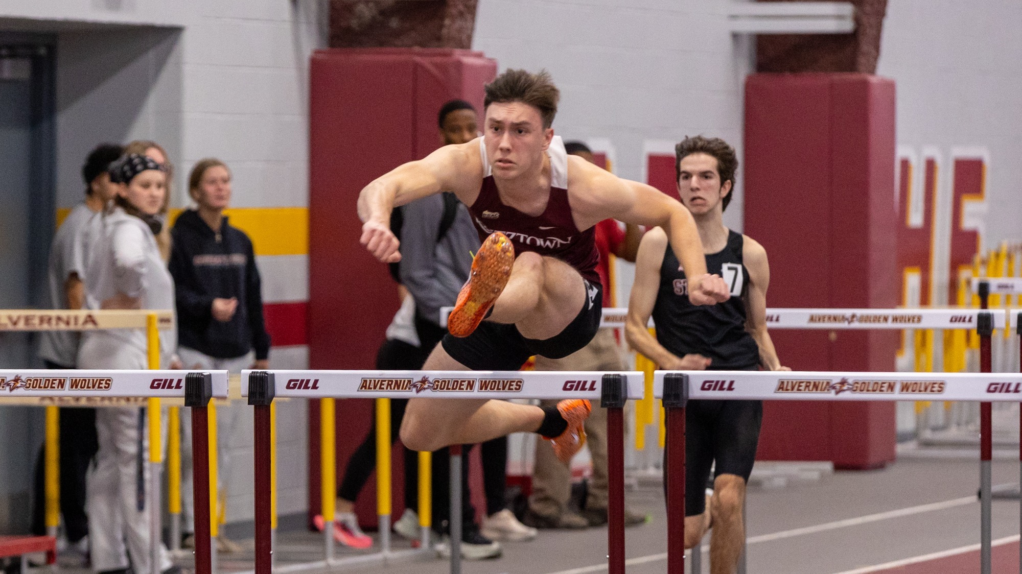 Jaydon Witman of the Kutztown University men's track & field team competes in the 60-meter hurdles at the Alvernia Winter Invitational on Saturday, Jan. 17, 2026.