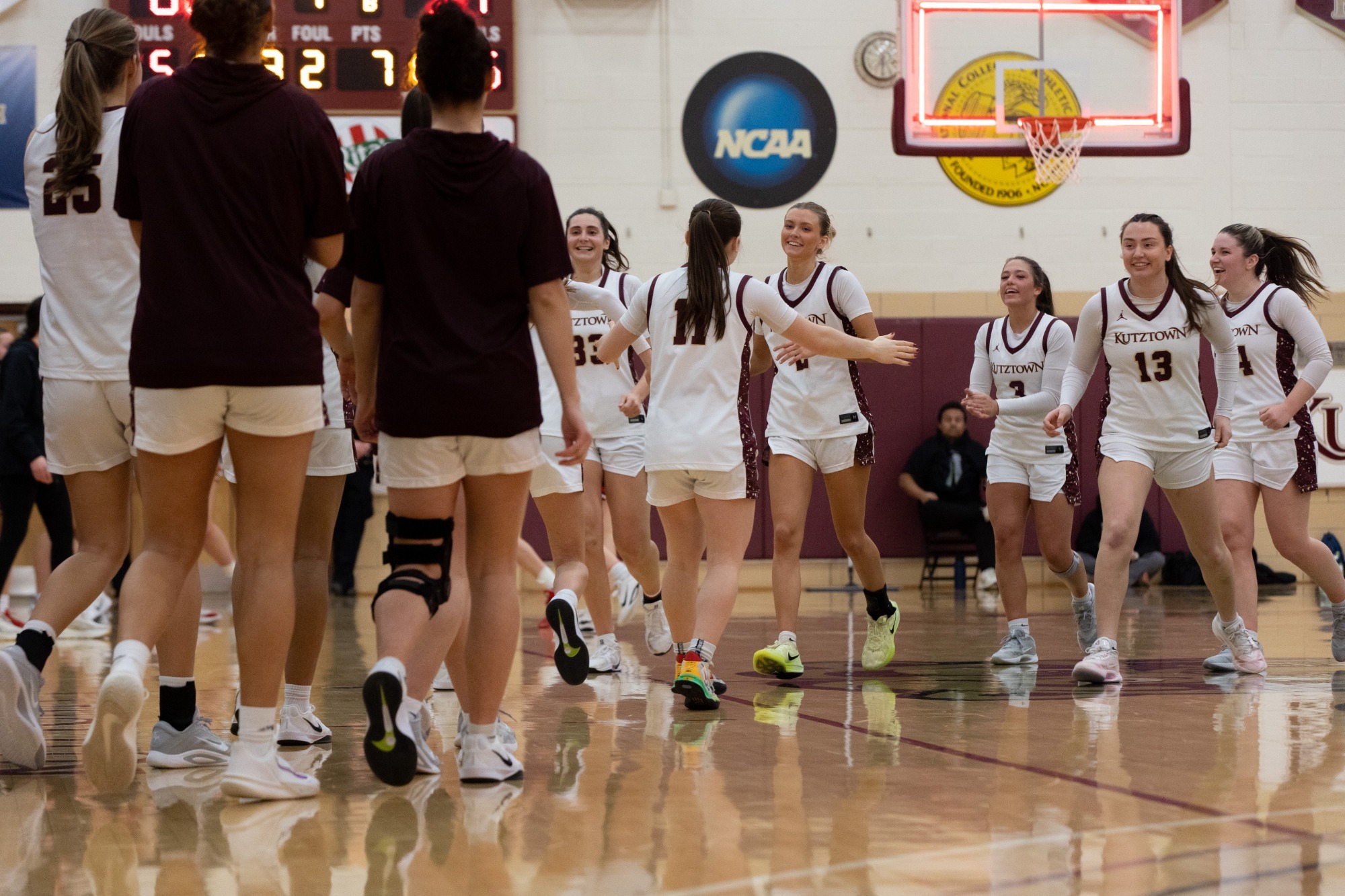 Kutztown women's basketball celebrating a win vs. ESU, 1/27/26
