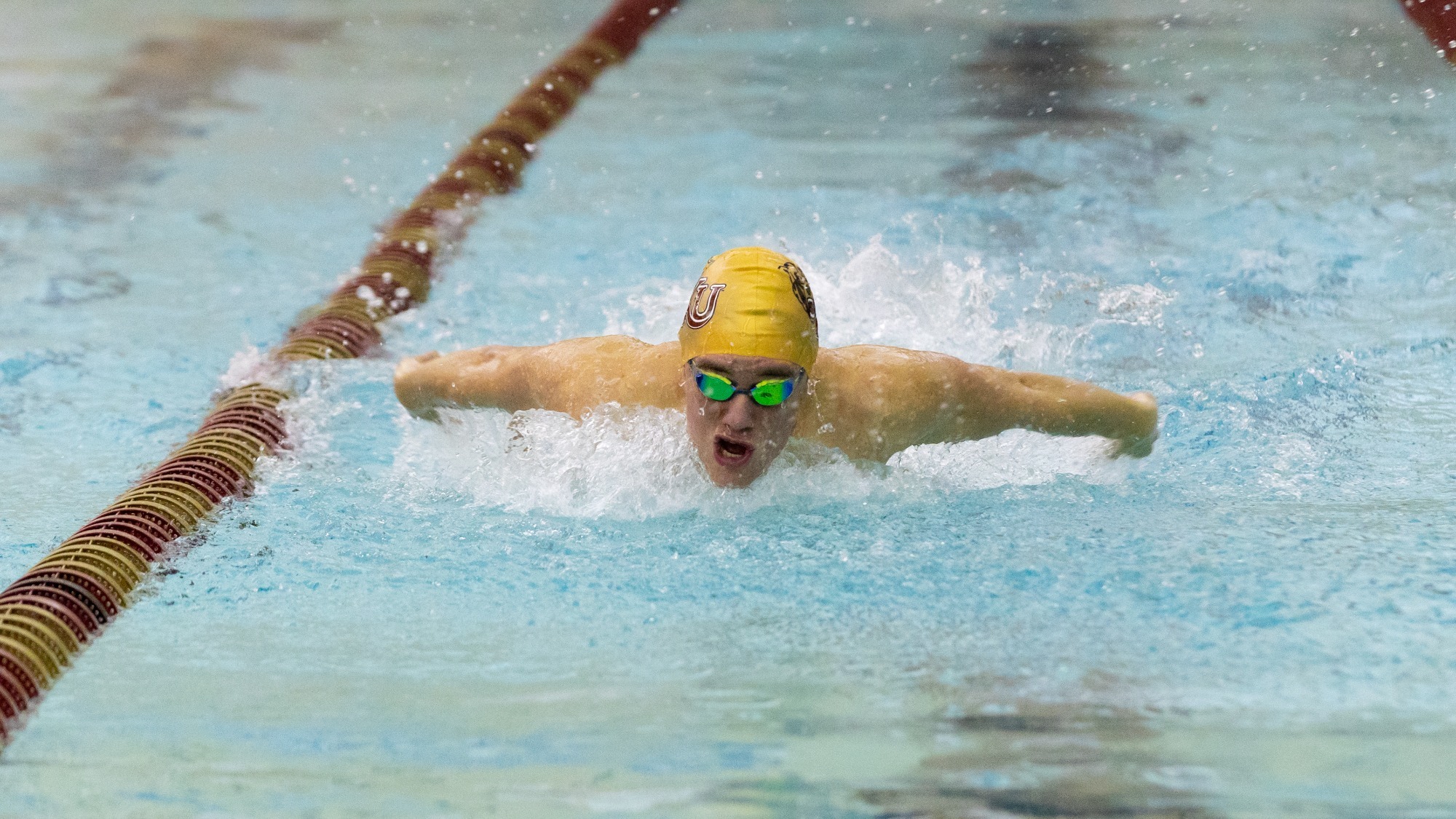 Nevin Shaw of the Kutztown University men's swim team competes in the 200-yard individual medley during a PSAC dual meet against Bloomsburg and Edinboro on Saturday, Nov. 1, 2025.
