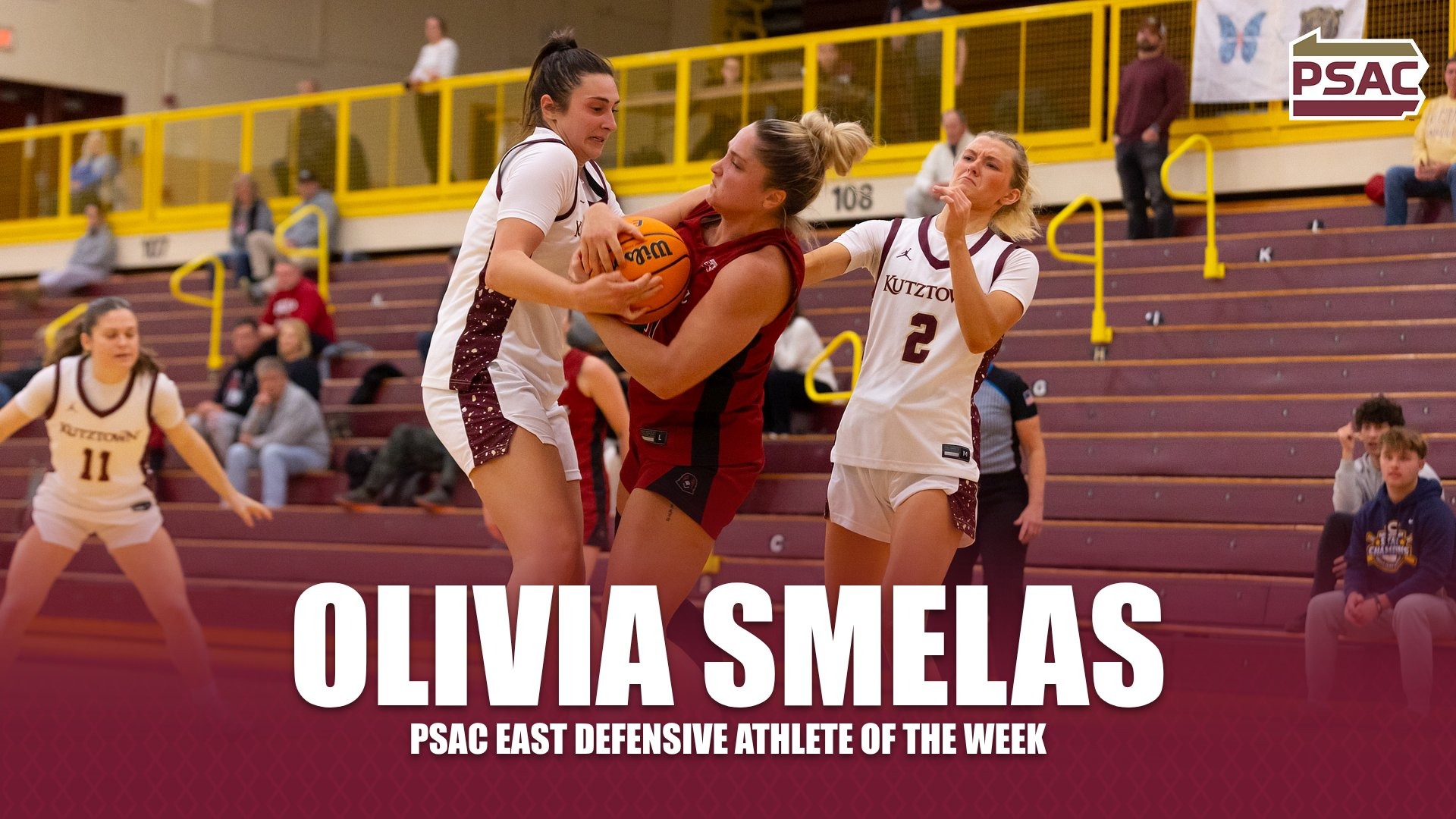 Olivia Smelas PSAC Defensive Athlete of the Week graphic, 1/5/26